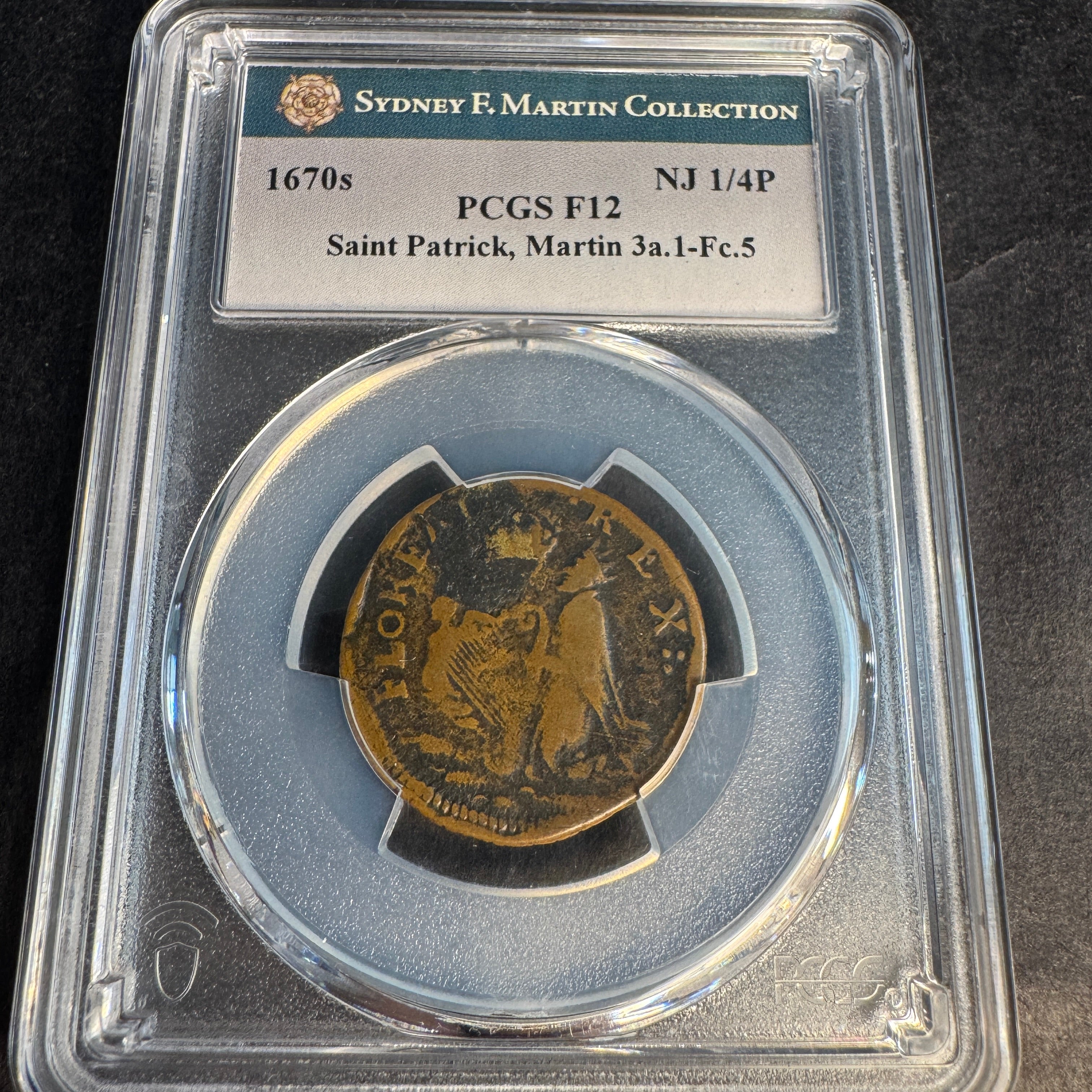 1670s New Jersey Saint Patrick Farthing, Martin 3a.1-Fc5, PCGS F-12 ☘️