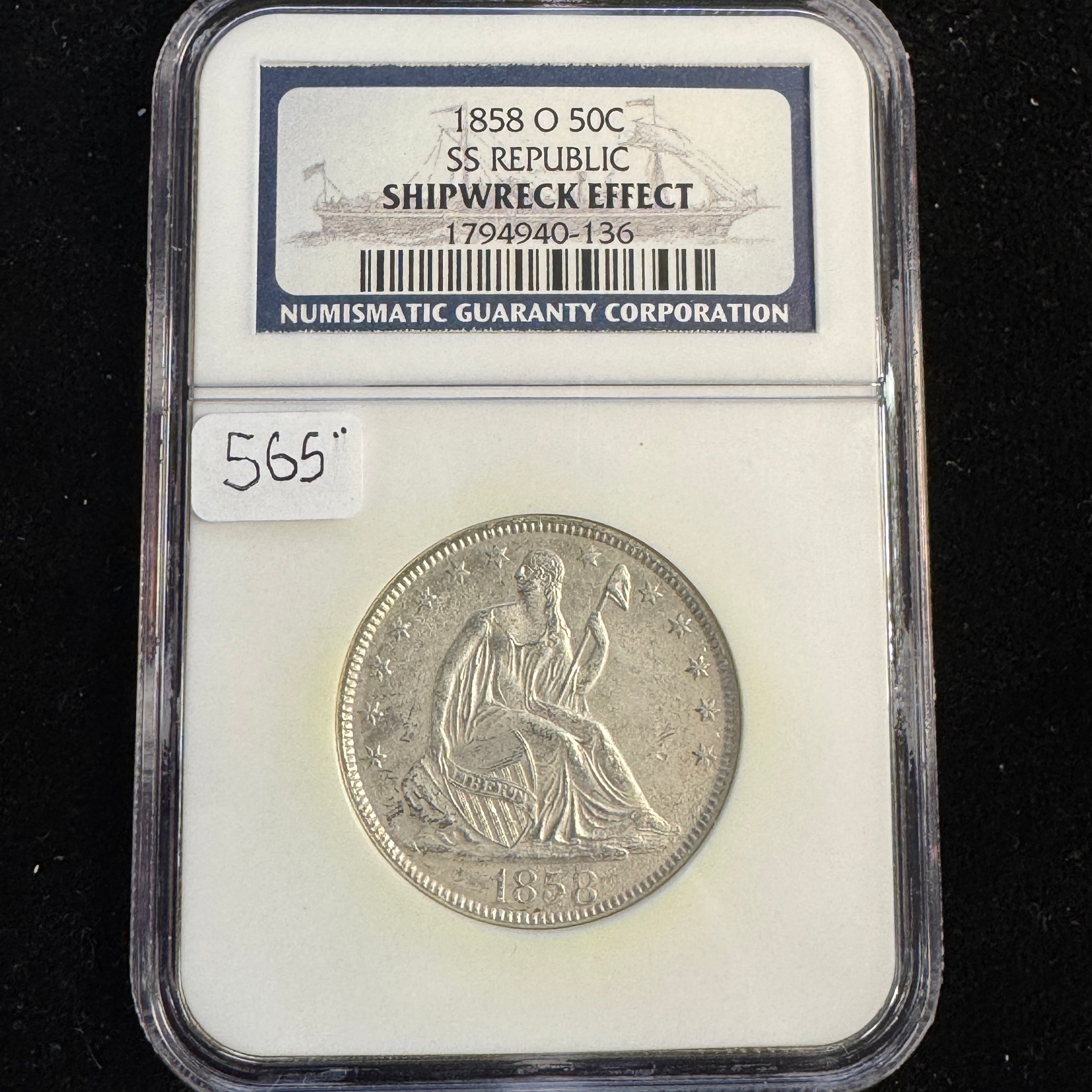 1858-O Seated Liberty Half 50c, SS Republic Shipwreck recovery NGC, with booklet
