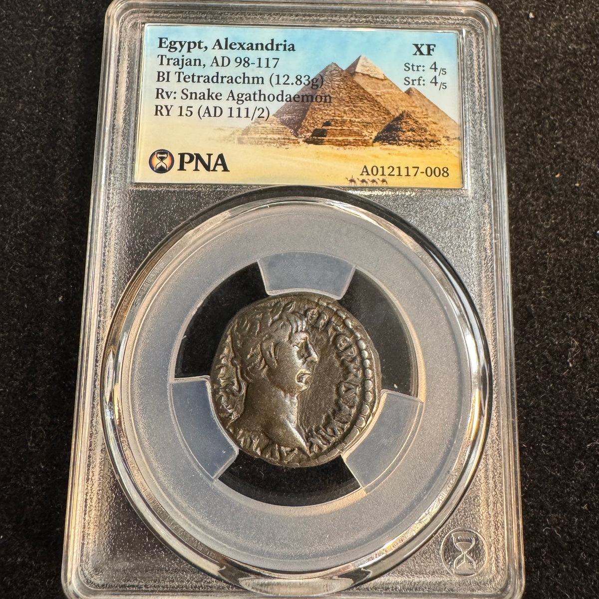 Trajan (98-117 AD) Roman Egypt BI Tetradrachm, Alexandria RY 15 (111-12 AD) Rv: Snake Agathodaemon - PNA XF