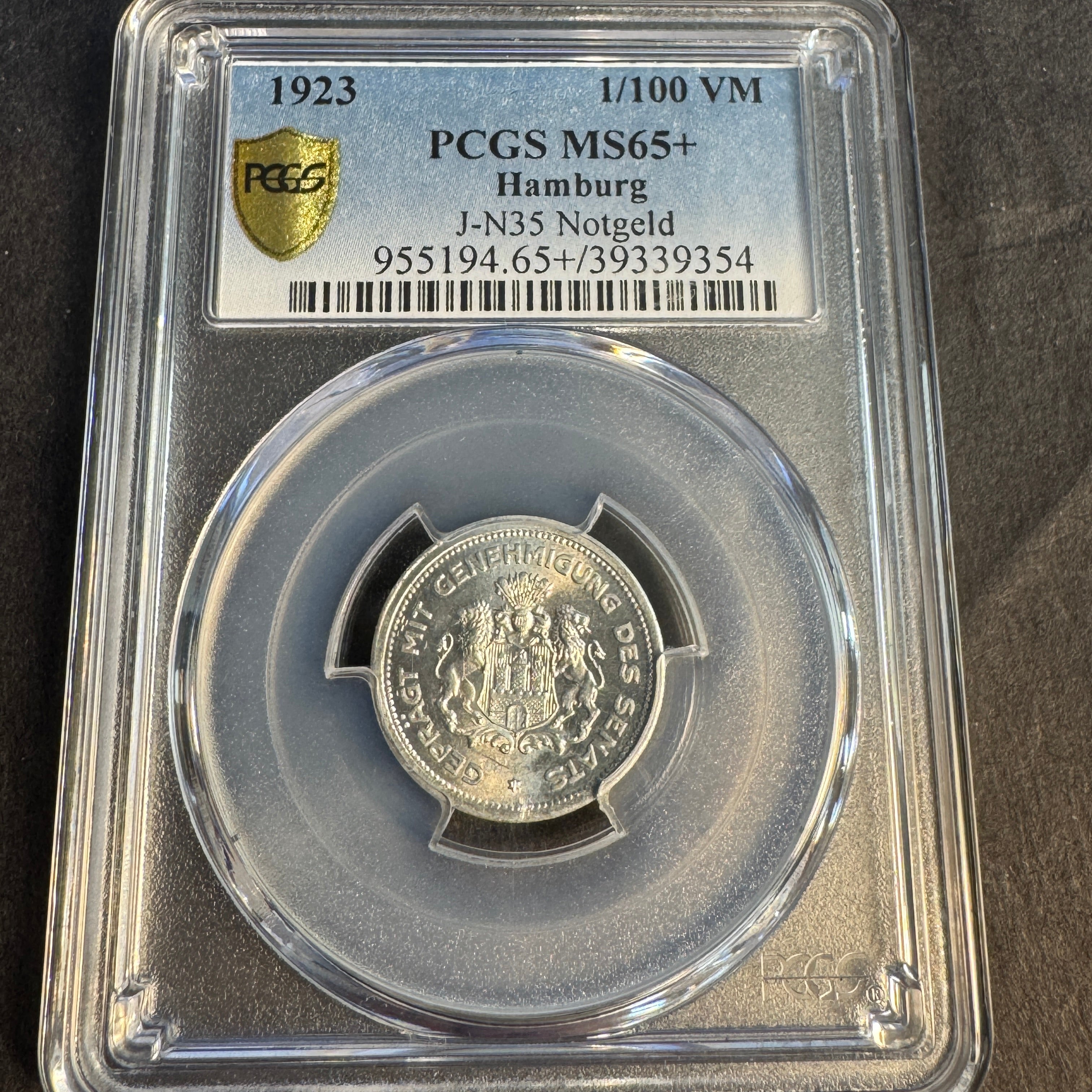 1923 Hamburg 1/100 V-Mark Notgeld, J-N35, PCGS MS-65+, Pop 1/4