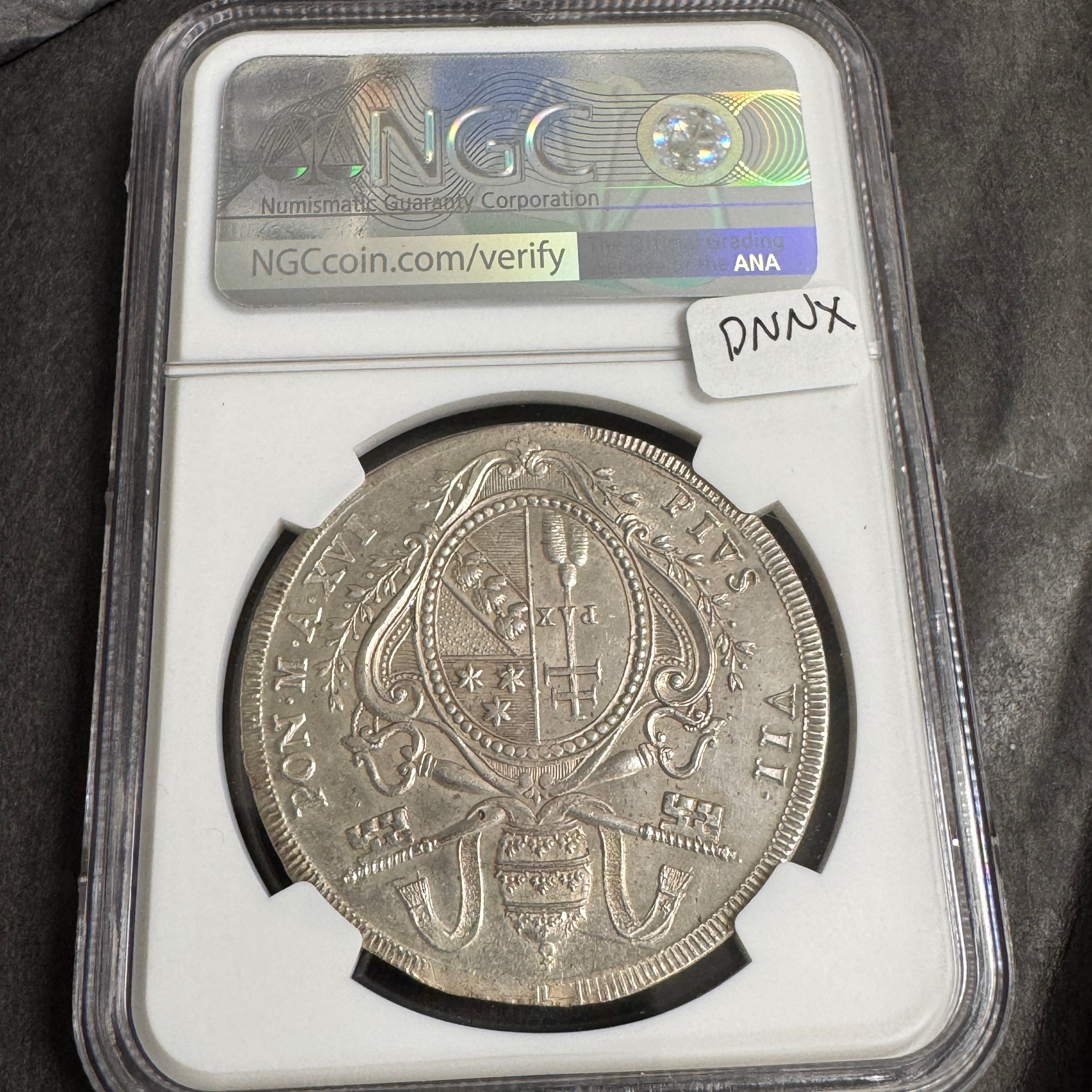 1815 Papal States AR Scudo, Yr XVI Pius VII, NGC UNC Details🇻🇦