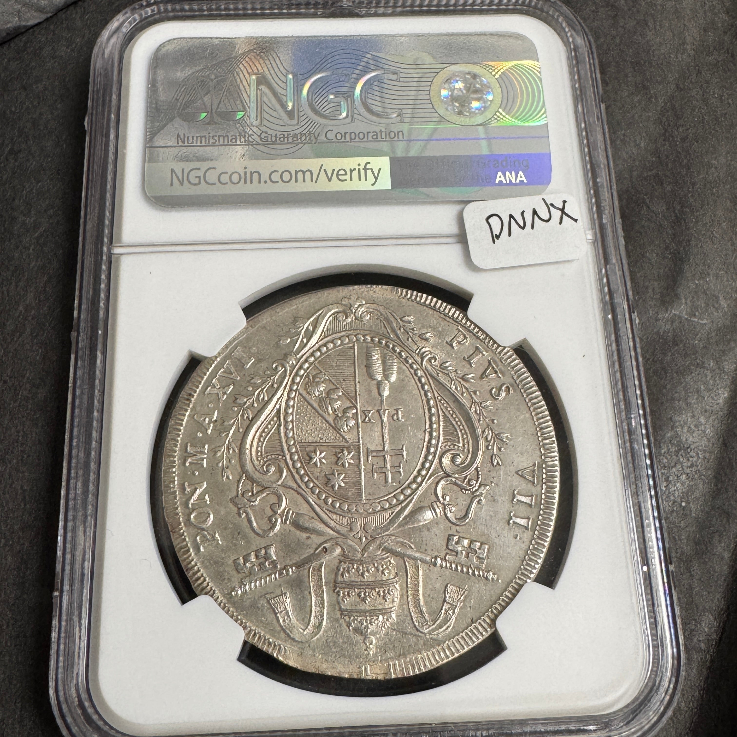 1815 Papal States AR Scudo, Yr XVI Pius VII, NGC UNC Details🇻🇦