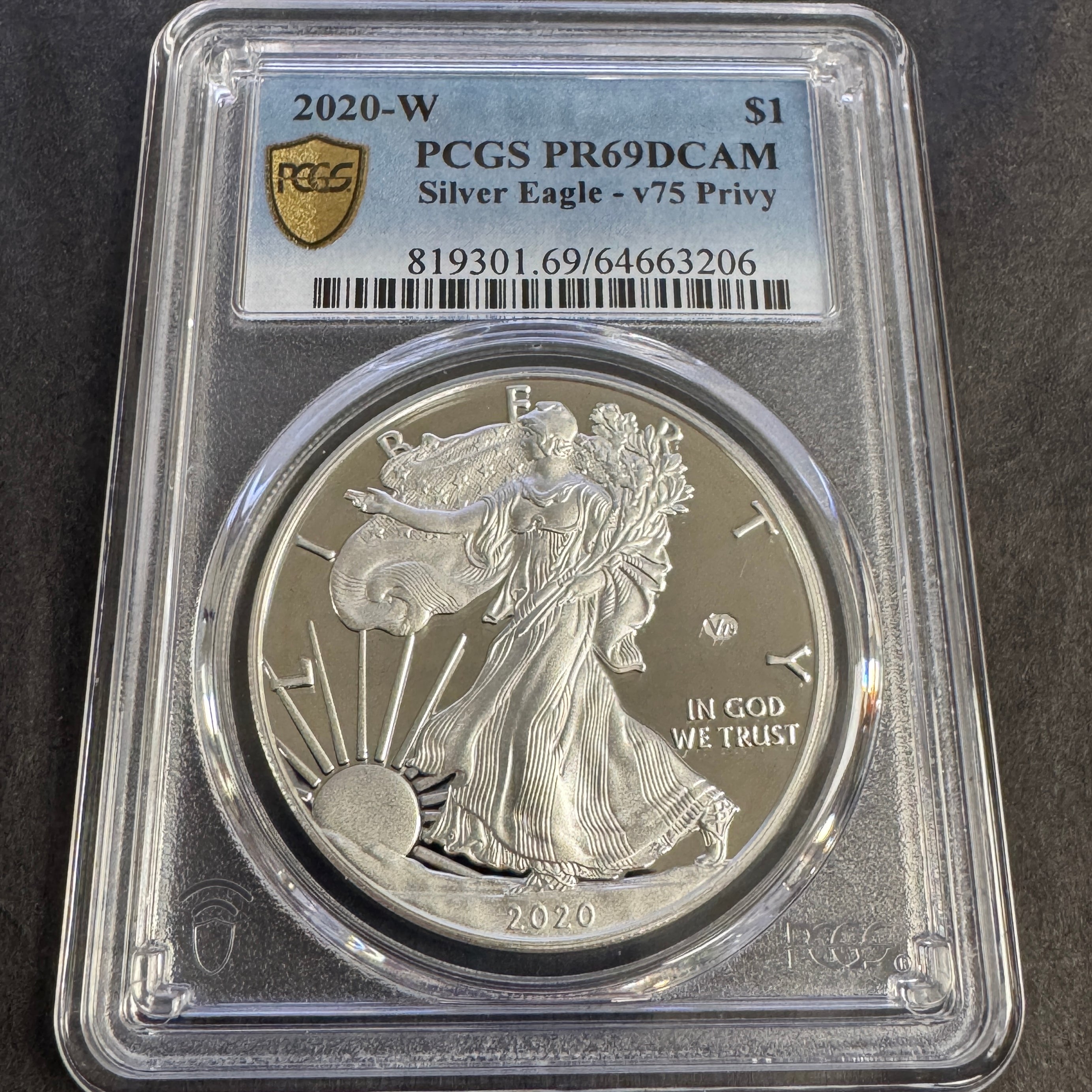 2020-W American Silver Eagle Proof Dollar, V-75 WWII Privy, PCGS PR-69 DCAM