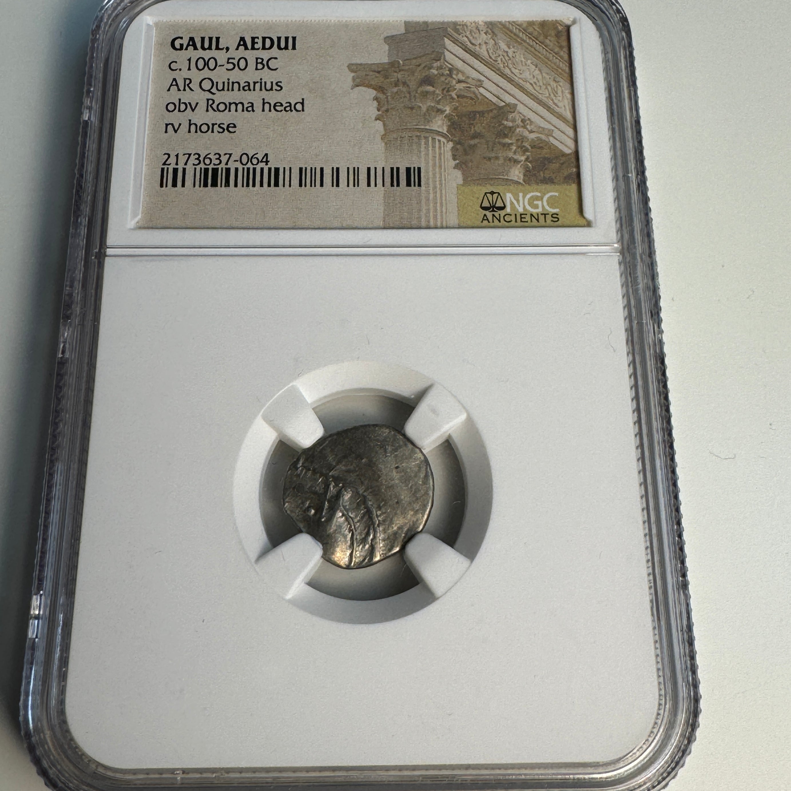 GAUL (Aedui Tribe) AR Quinarius, Roma/Horse, c100-50 BC, NGC Genuine