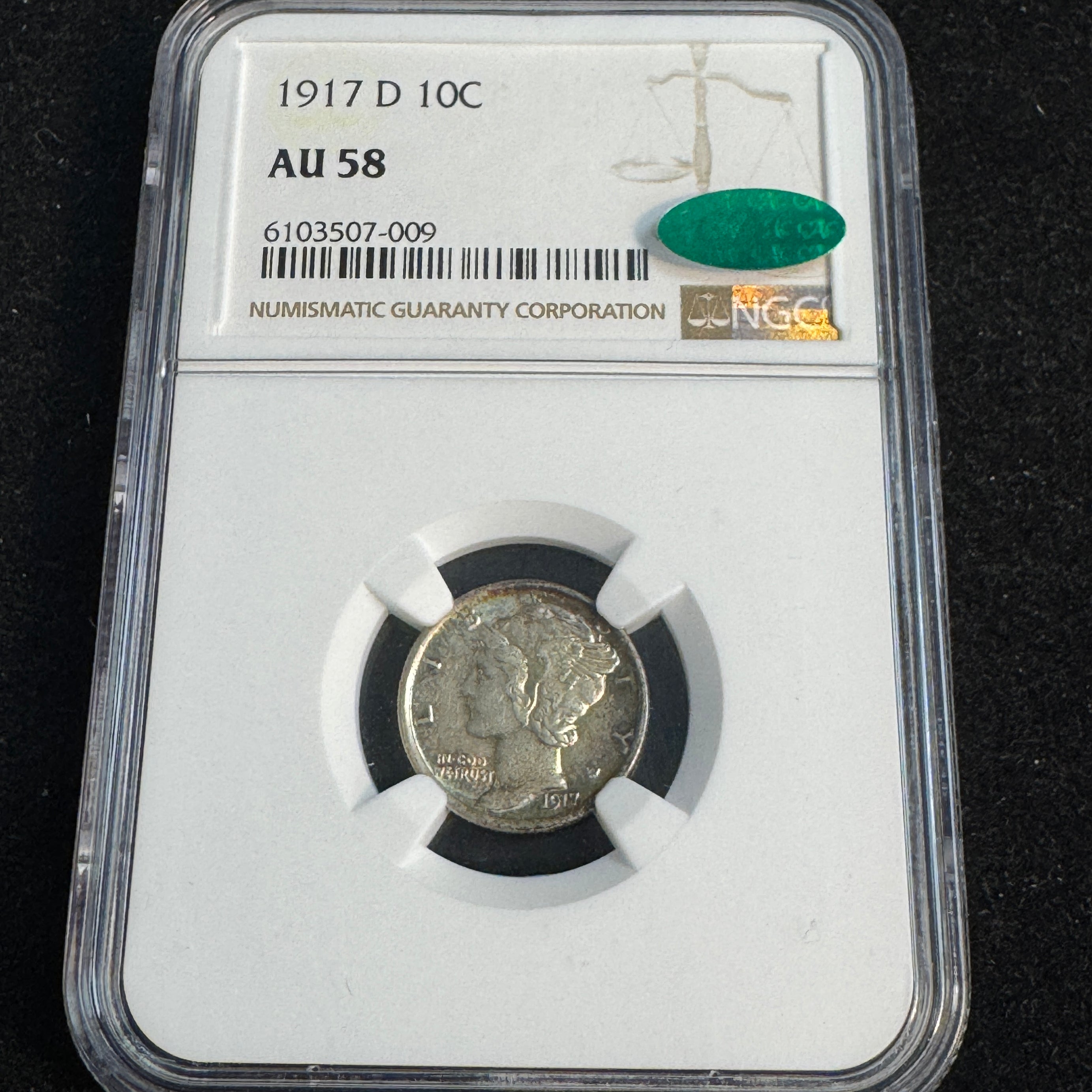 1917-D Mercury Dime 10c, NGC AU-58 Green CAC