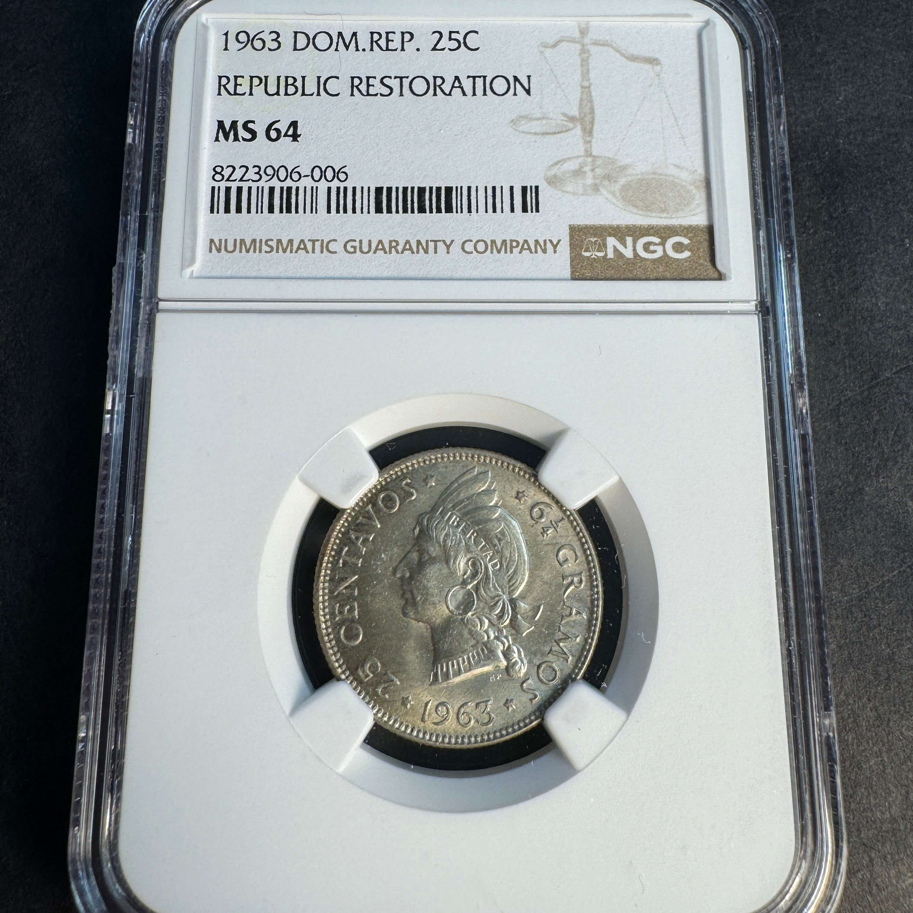 1963 Dominican Rep. 25 Centavos Silver, NGC MS-64 🇩🇴