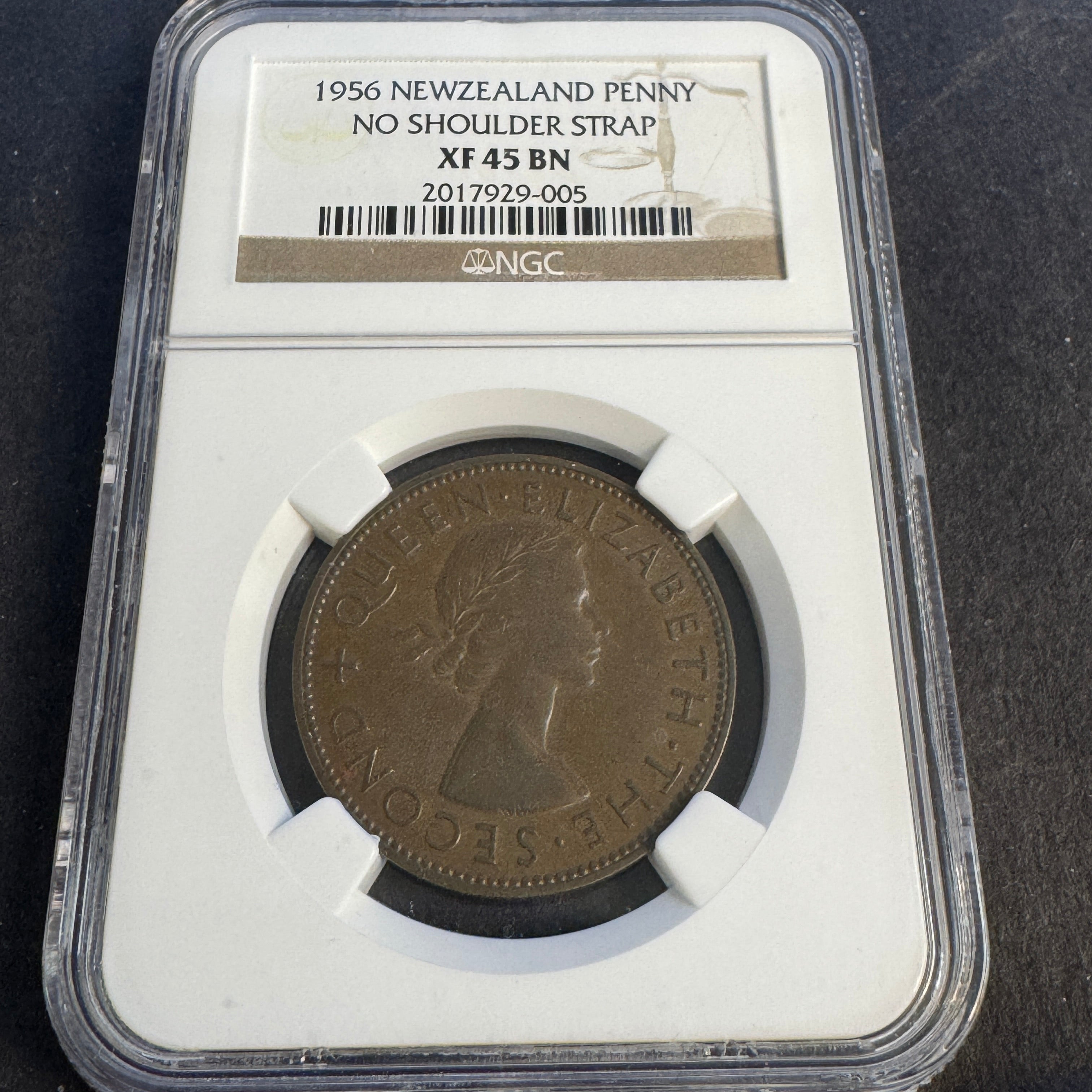 1956 New Zealand Penny, “No Shoulder Strap” variety, NGC XF-45 BN 🇳🇿