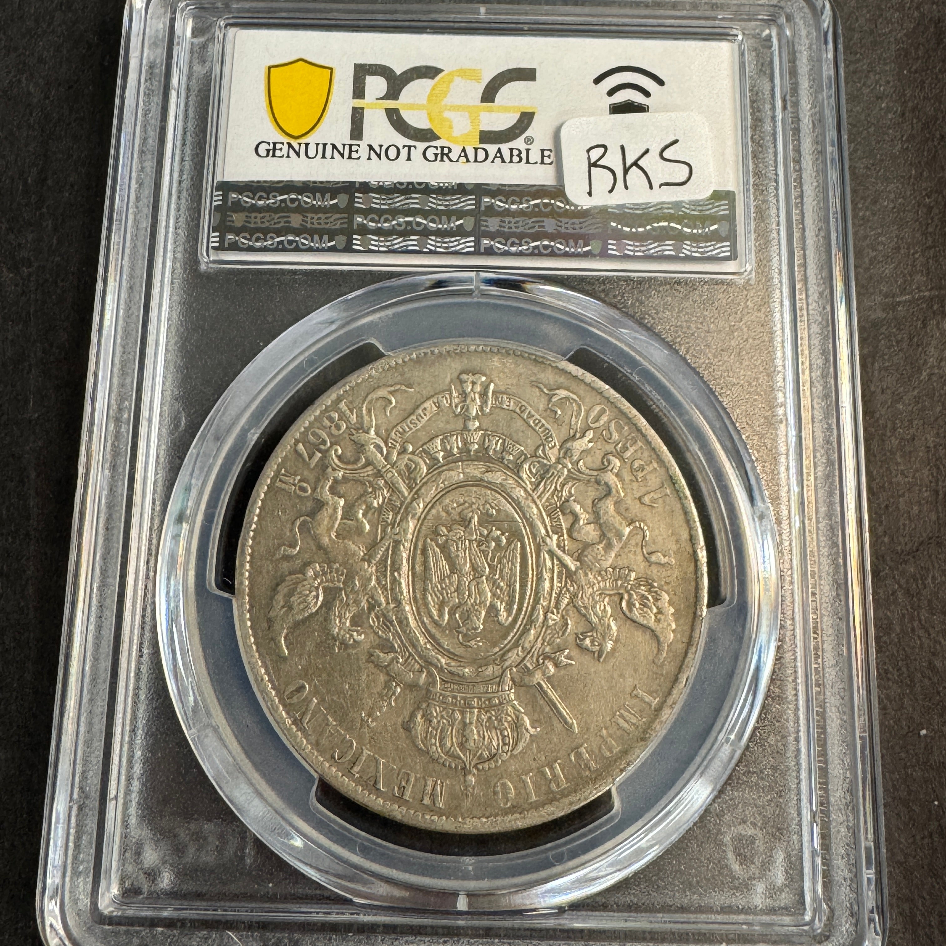 1867-Mo Empire of Maximilian Mexico AR 1 Peso, PCGS XF Detail