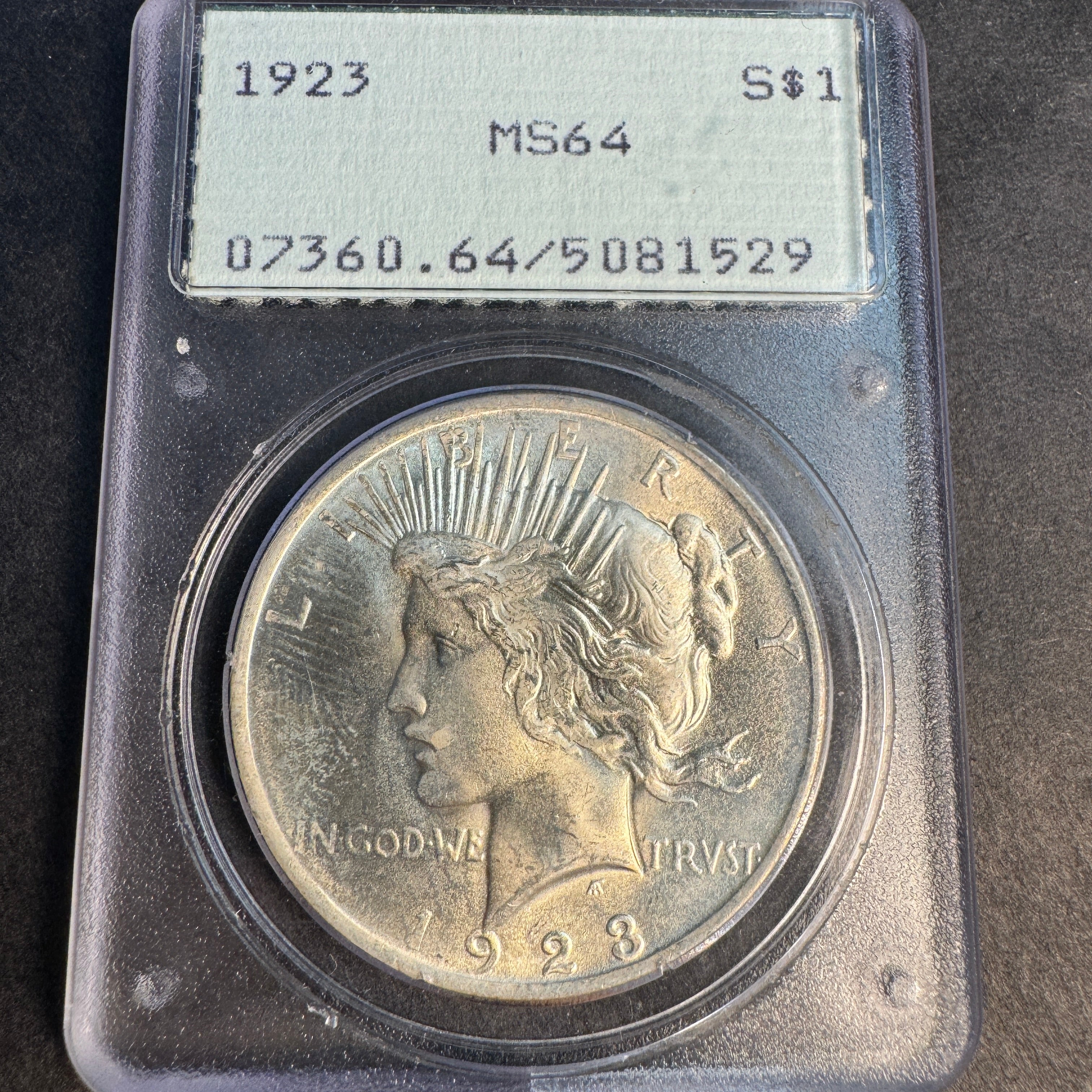 1923 Peace Silver Dollar, Gen-1 Old Green PCGS MS-64