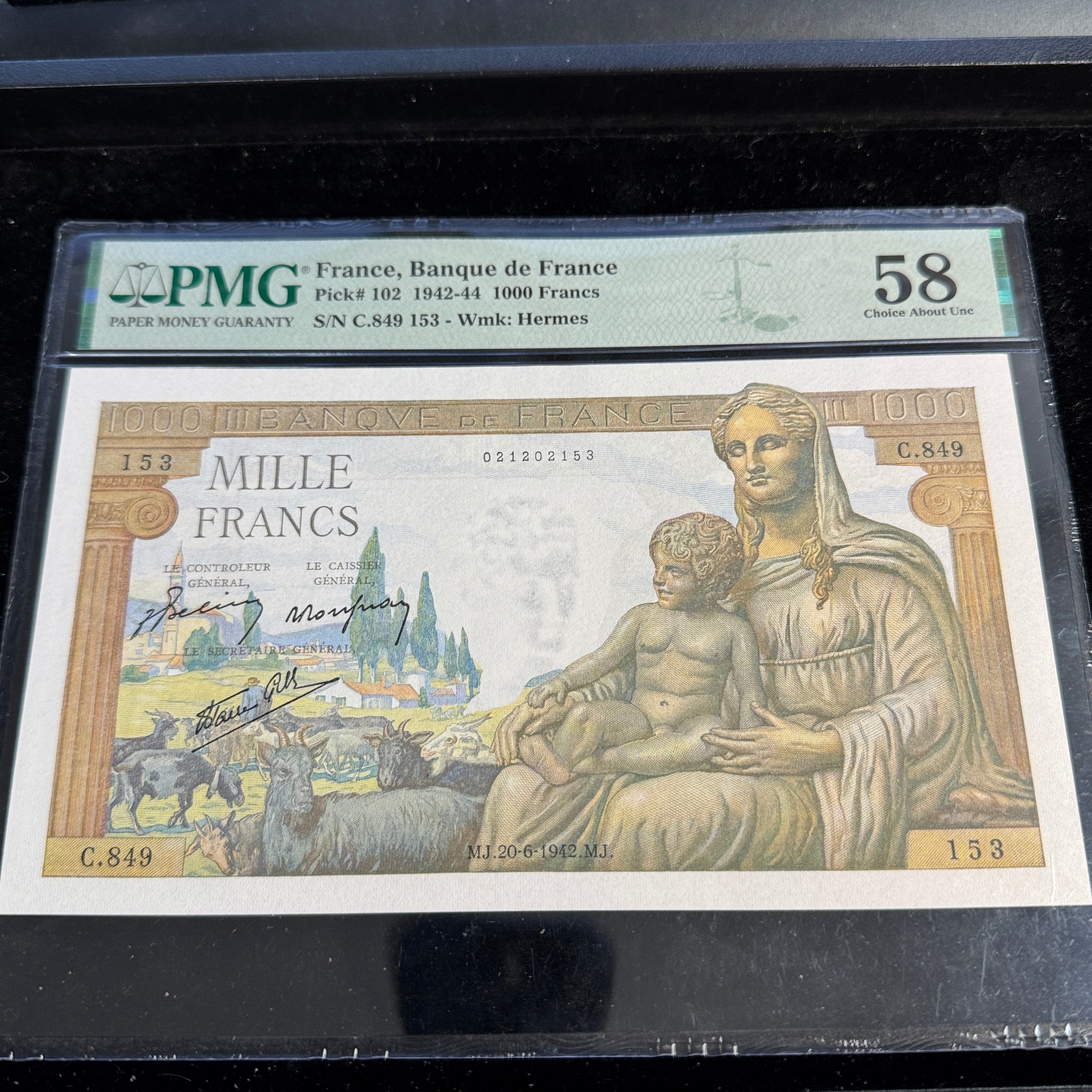 1942 France 1000 Francs, P#102, PCGS Ch AU 58