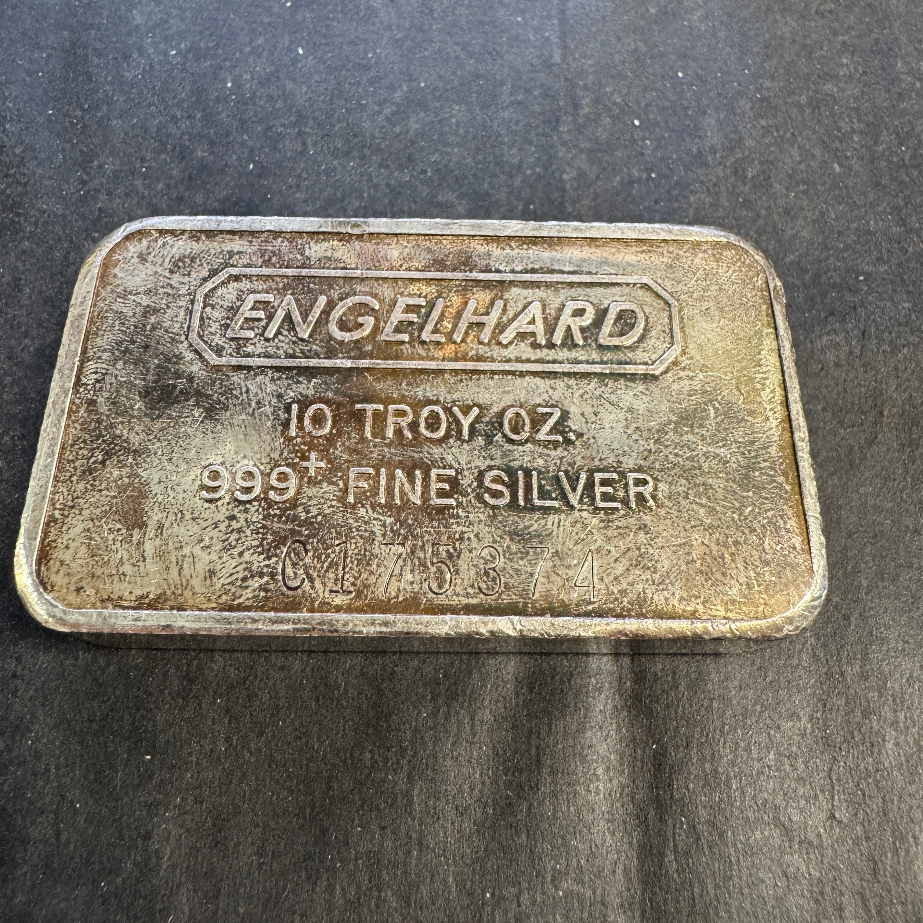 Engelhard 10 oz Silver Bar Vintage Horizontal C Series Triple Logo Reverse