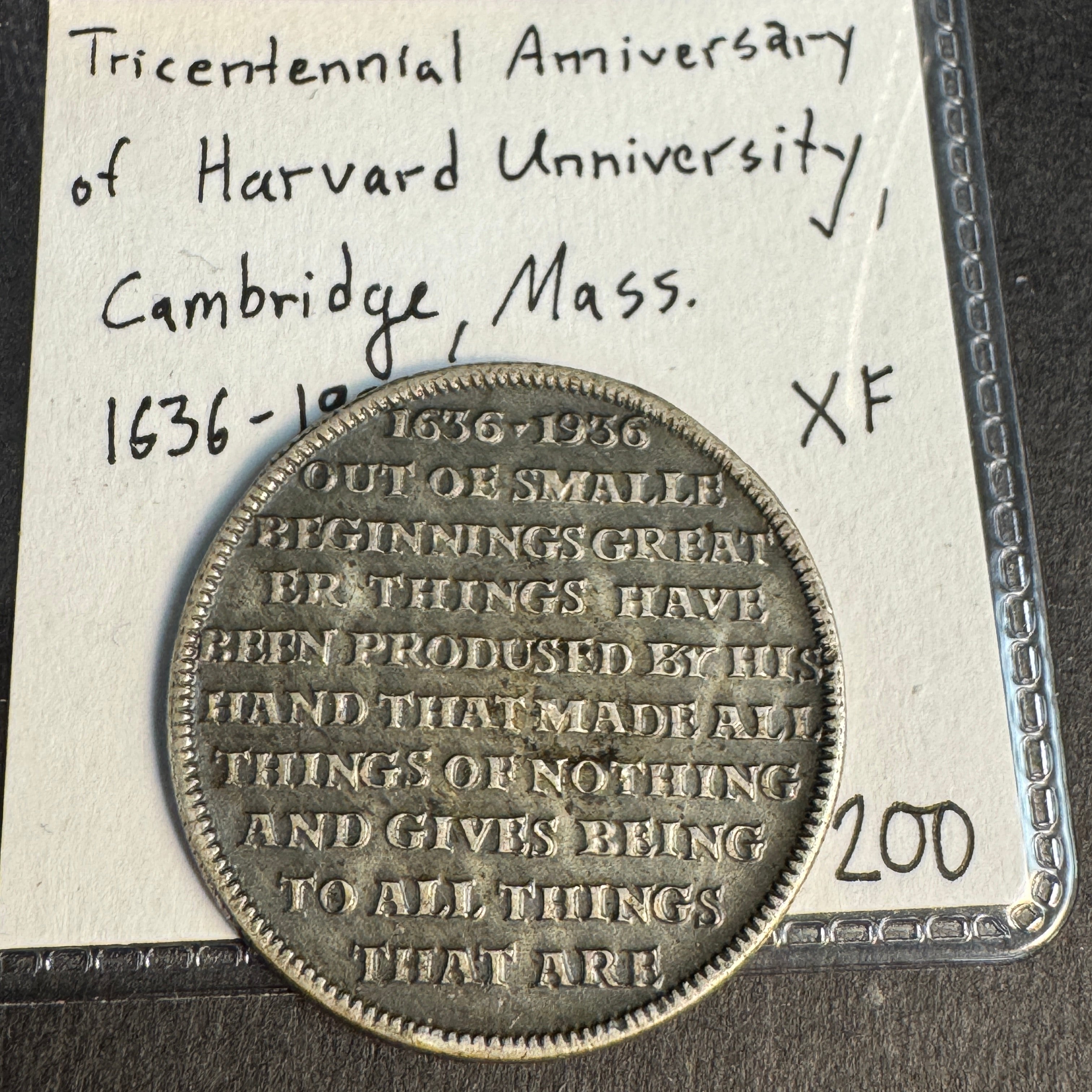 1636-1936 Harvard University Tricentennial 29mm Silver Medal, XF