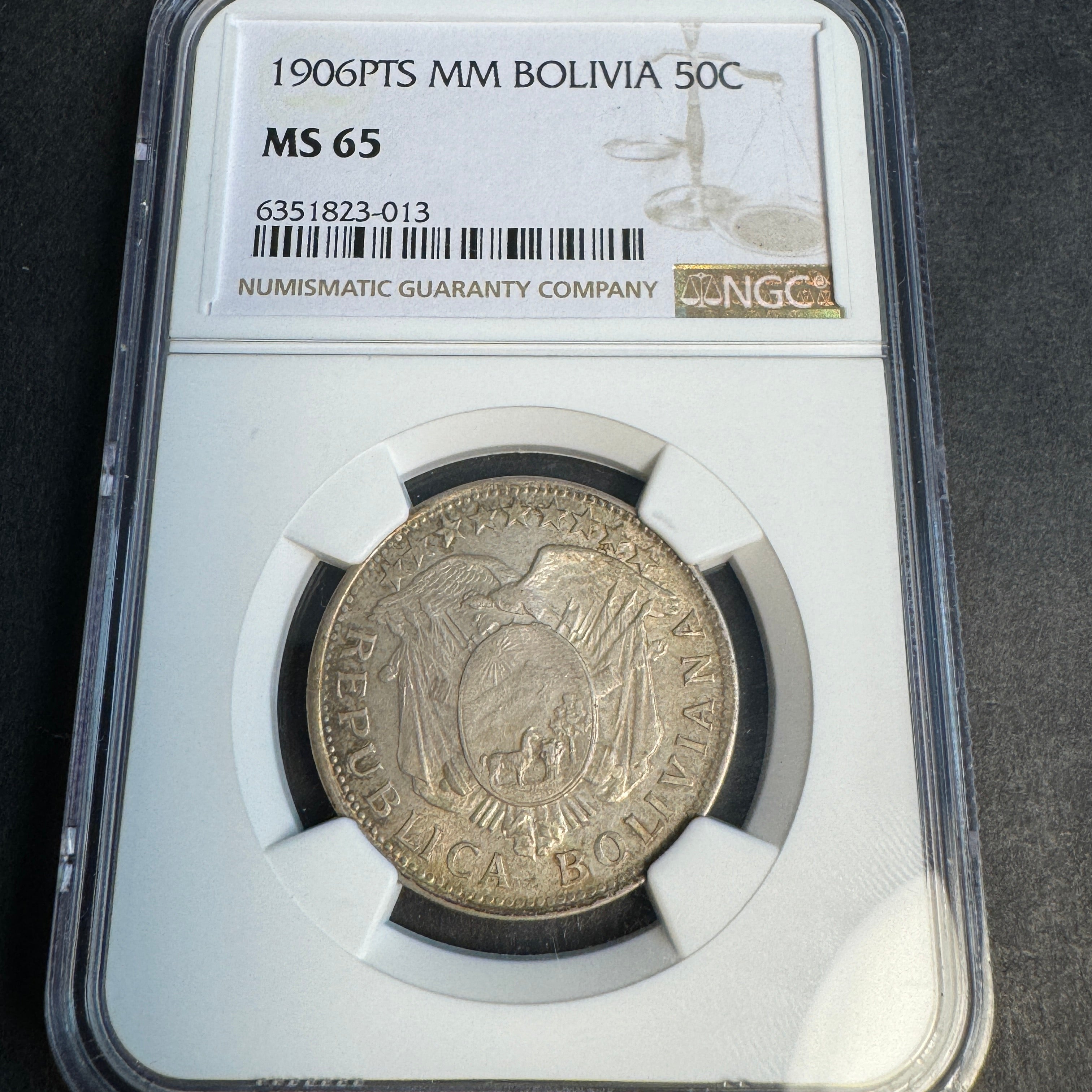 1906 PTS-MM Bolivia 50 Centavos, NGC MS-65 Top Pop 4/0 🏆 🇧🇴