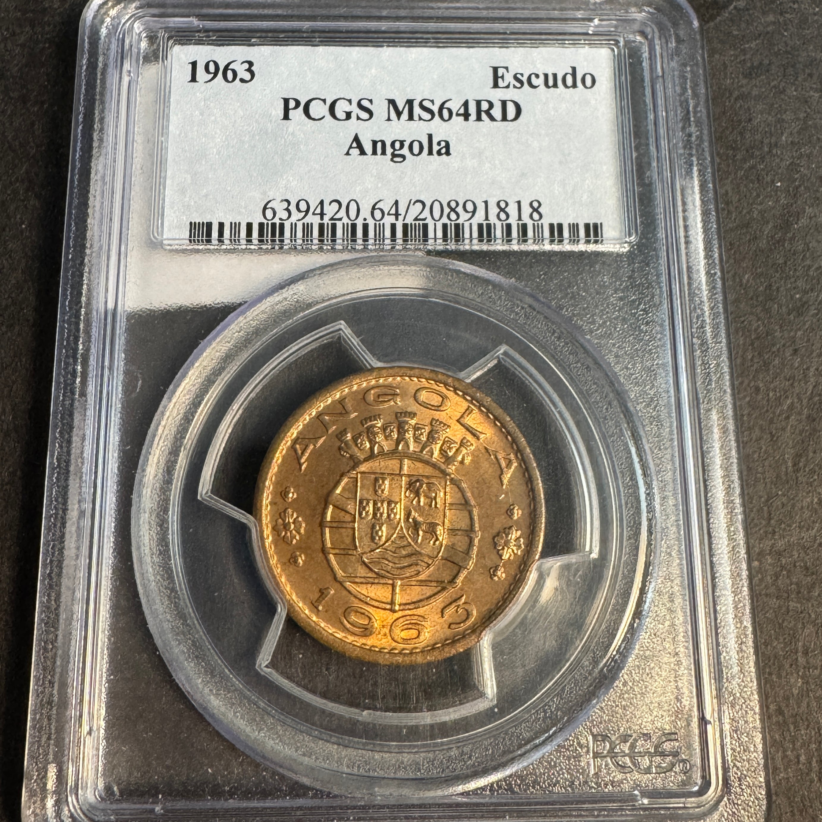 1963 Portuguese Angola 1 Escudo, PCGS MS-64 RD Red 🇵🇹