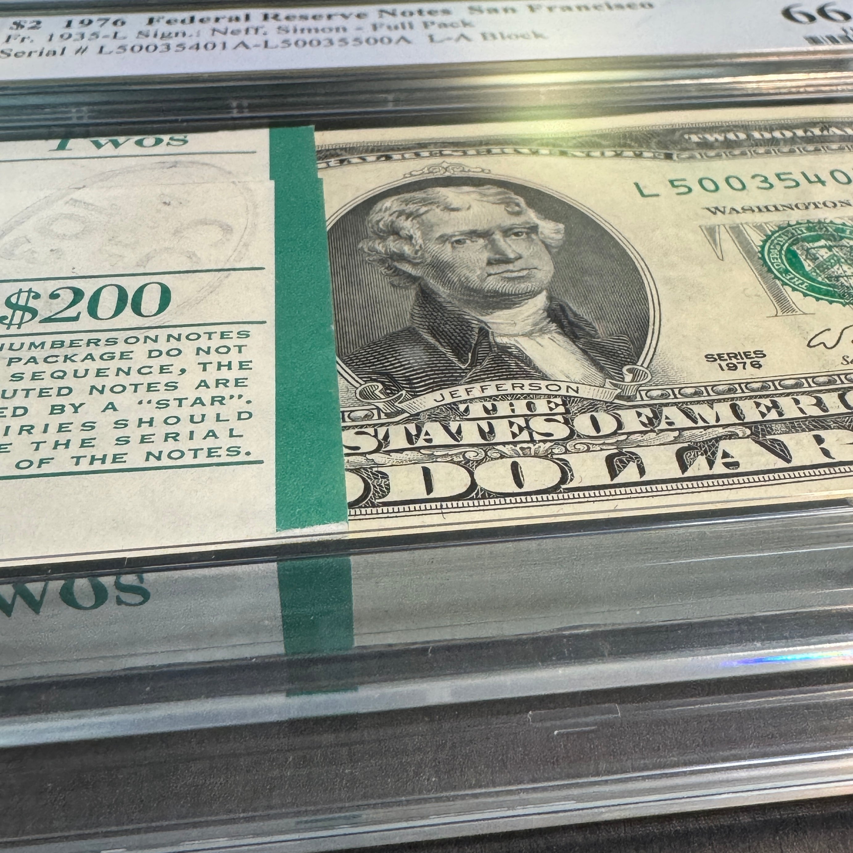 (100) $2 1976 Federal Reserve Notes, San Francisco L-A Block, Original BEP Strap, PCGS Gem UNC 66 PPQ