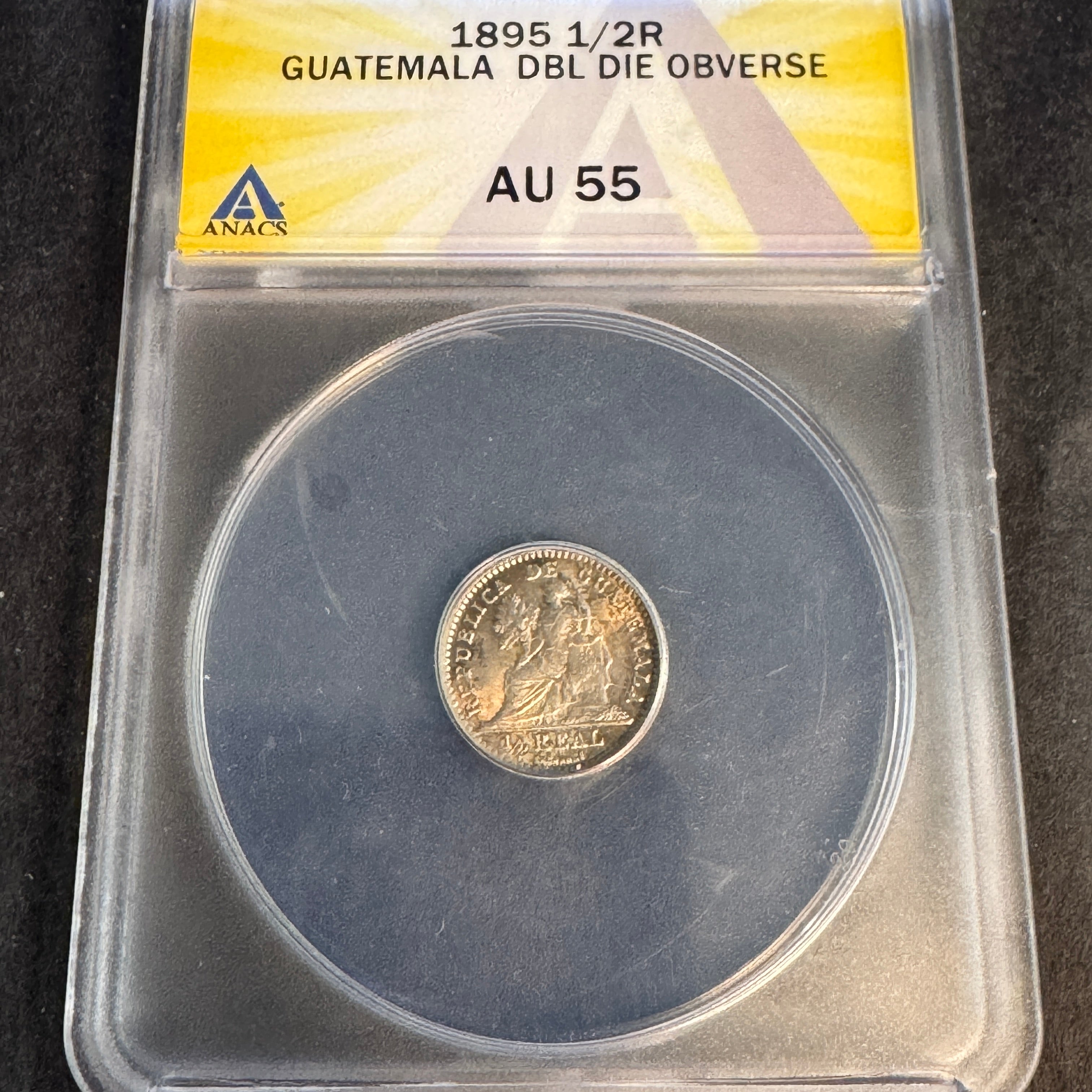 1895 Guatemala 1/2 Real, Doubled-Die Obverse, ANACS AU-55