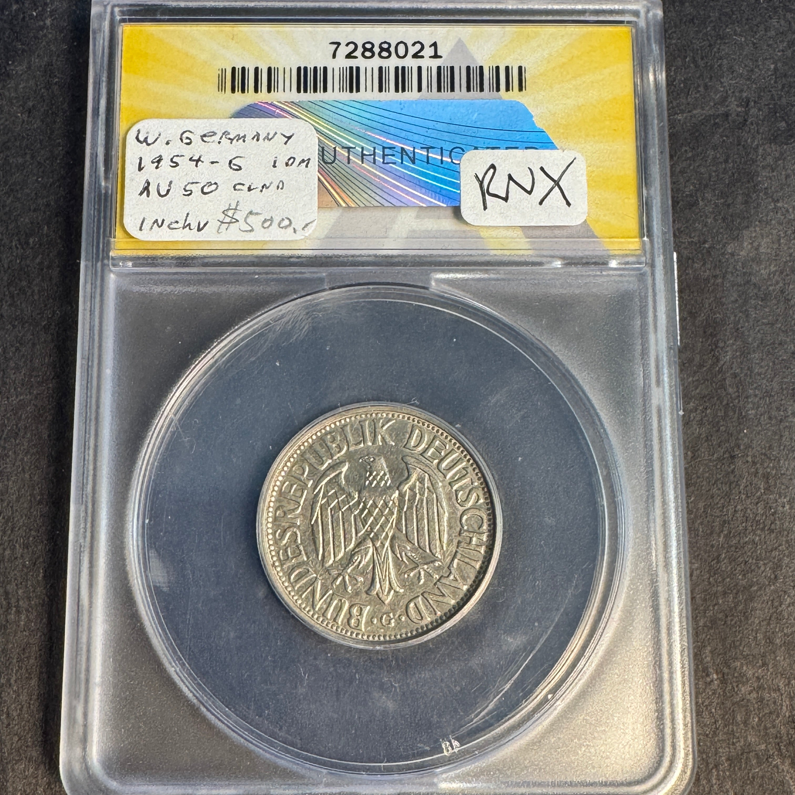 1954-G Germany 1 Mark, ANACS AU-50 Details Cleaned 🇩🇪 (XF CV = 425)