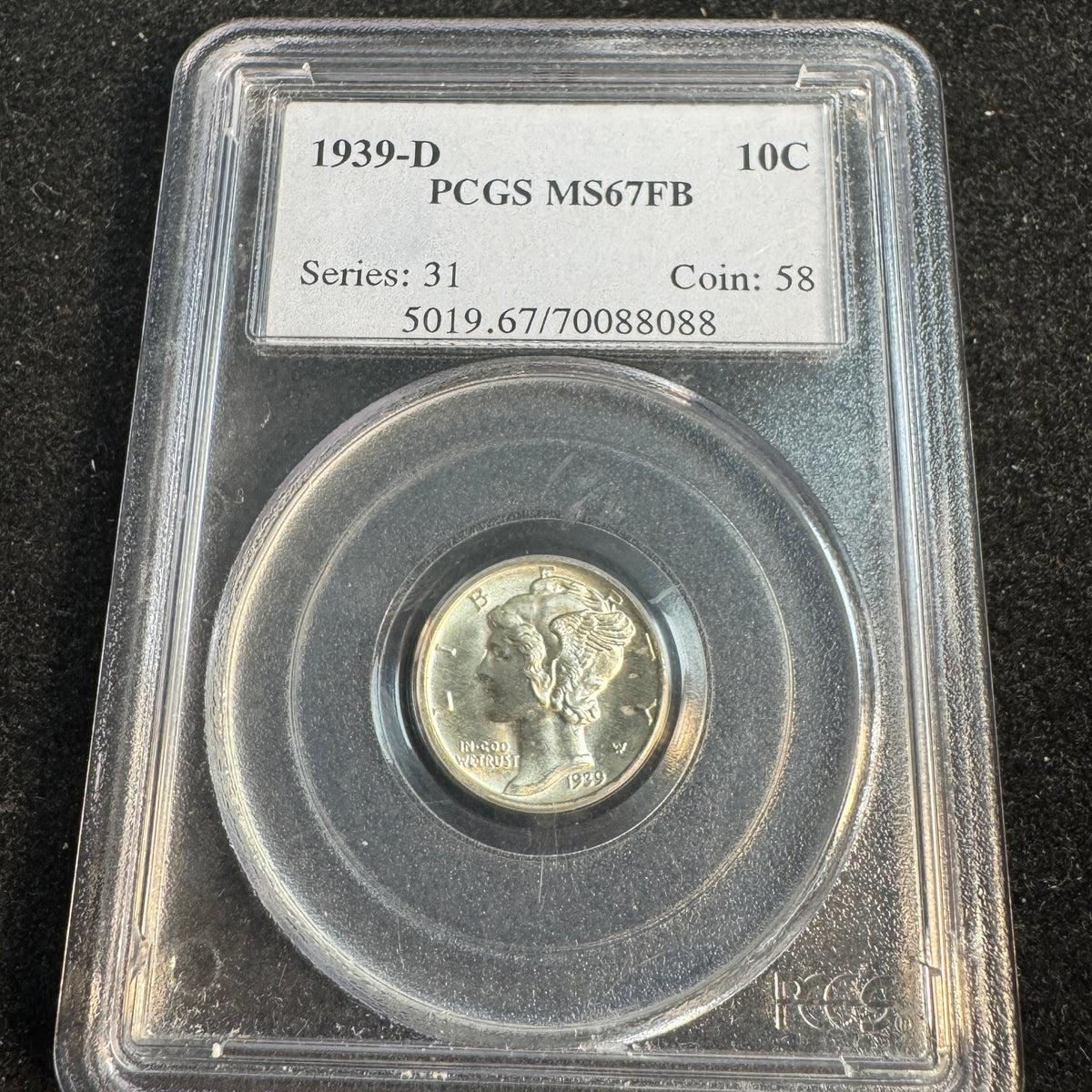1939-D Mercury Dime 10c, PCGS MS-67 FB