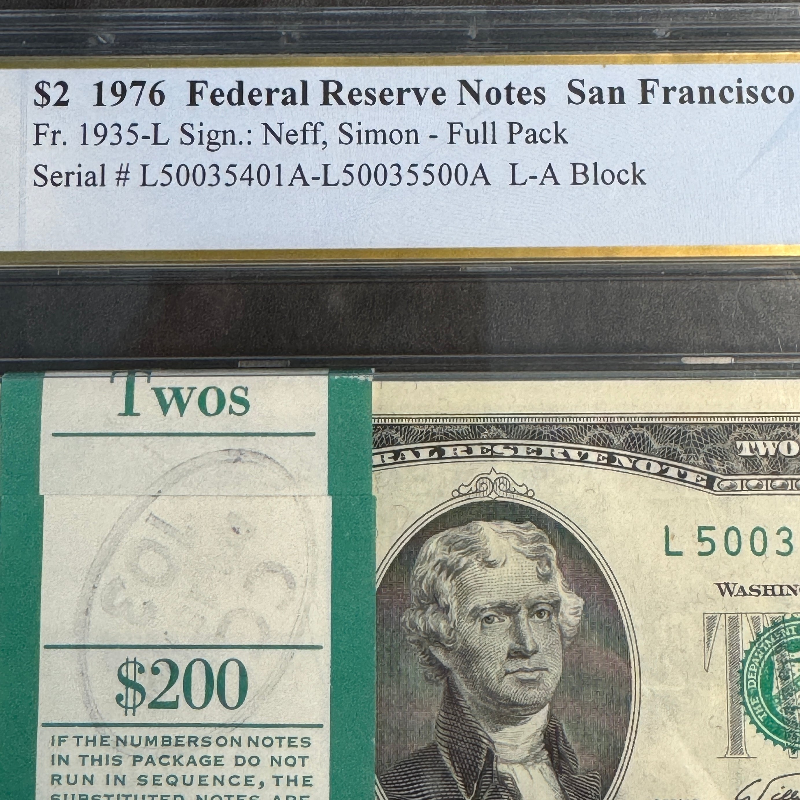 (100) $2 1976 Federal Reserve Notes, San Francisco L-A Block, Original BEP Strap, PCGS Gem UNC 66 PPQ