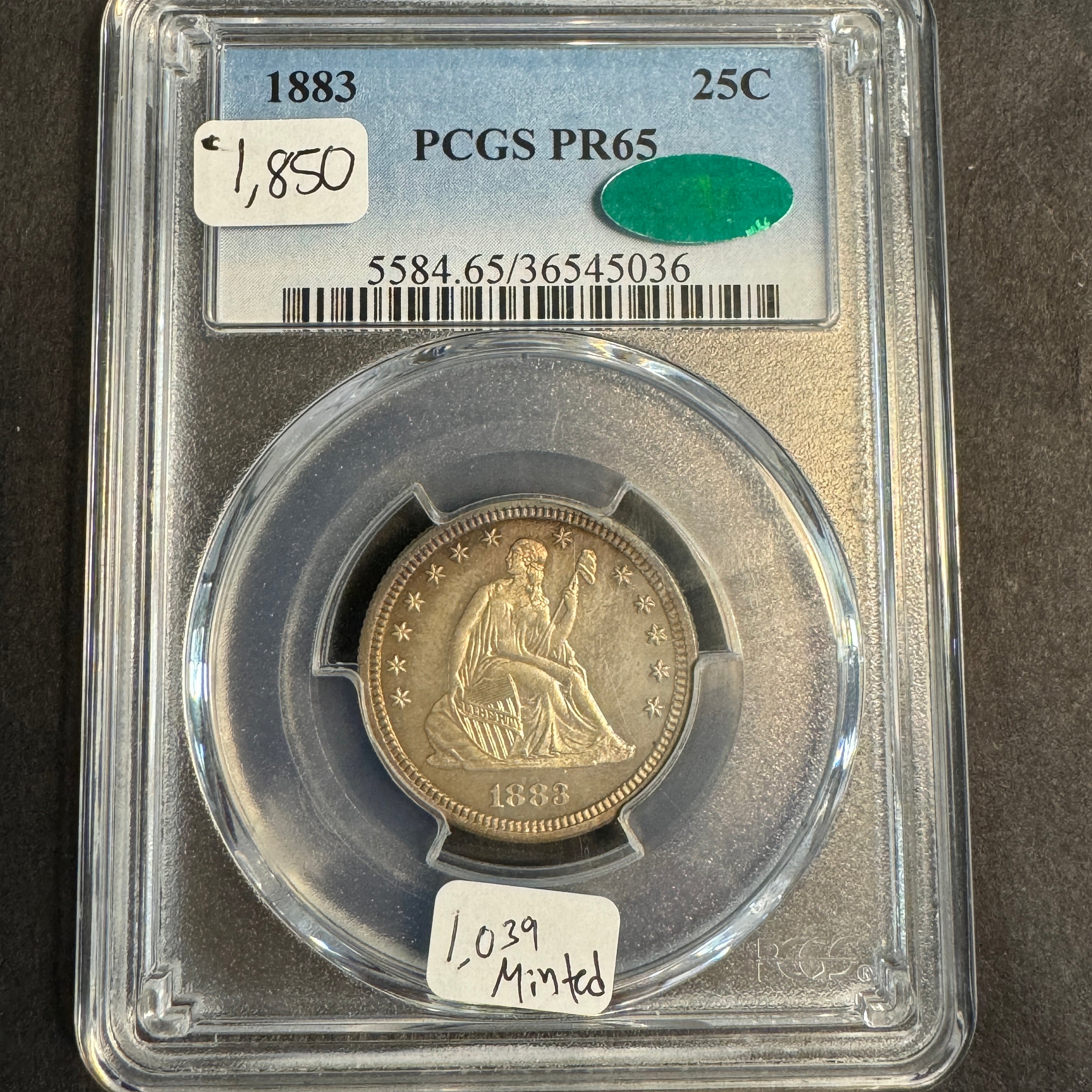 1883 Seated Liberty Quarter US 25c Proof, 1039 Mintage, PCGS PR-65 Green CAC ☘️