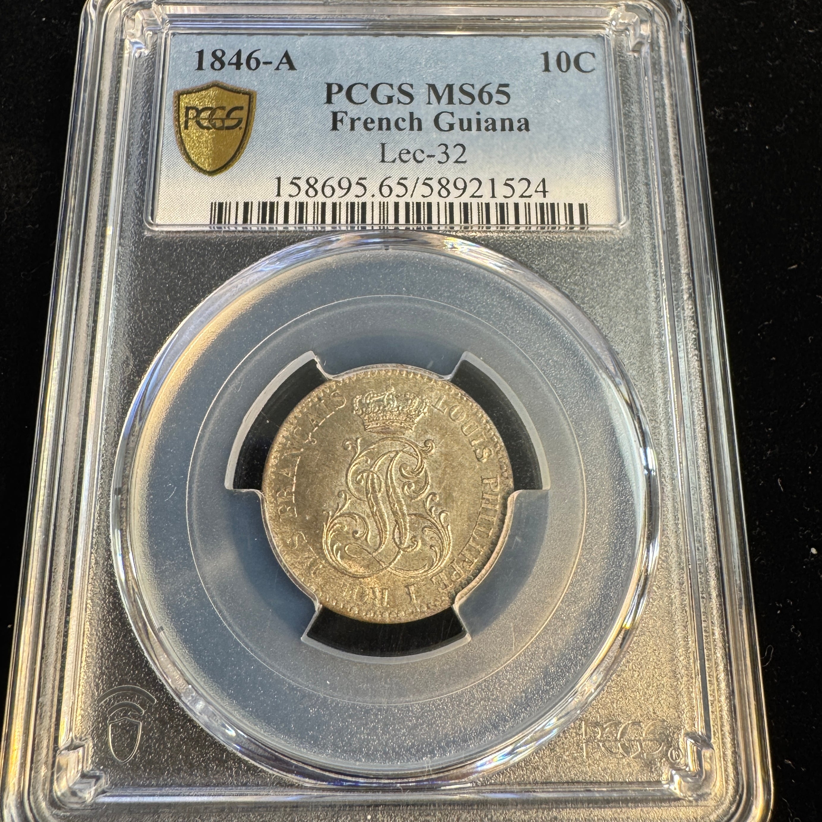 1846-A French Guiana 10 Centimes, Lec-32, PCGS MS-65