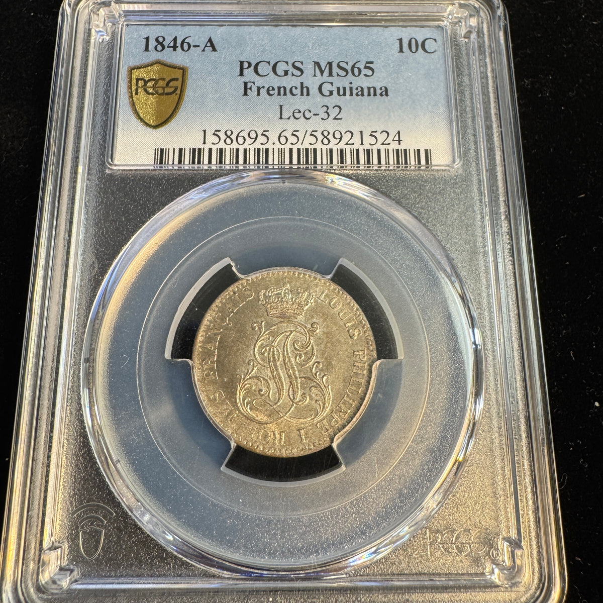 1846-A French Guiana 10 Centimes, Lec-32, PCGS MS-65
