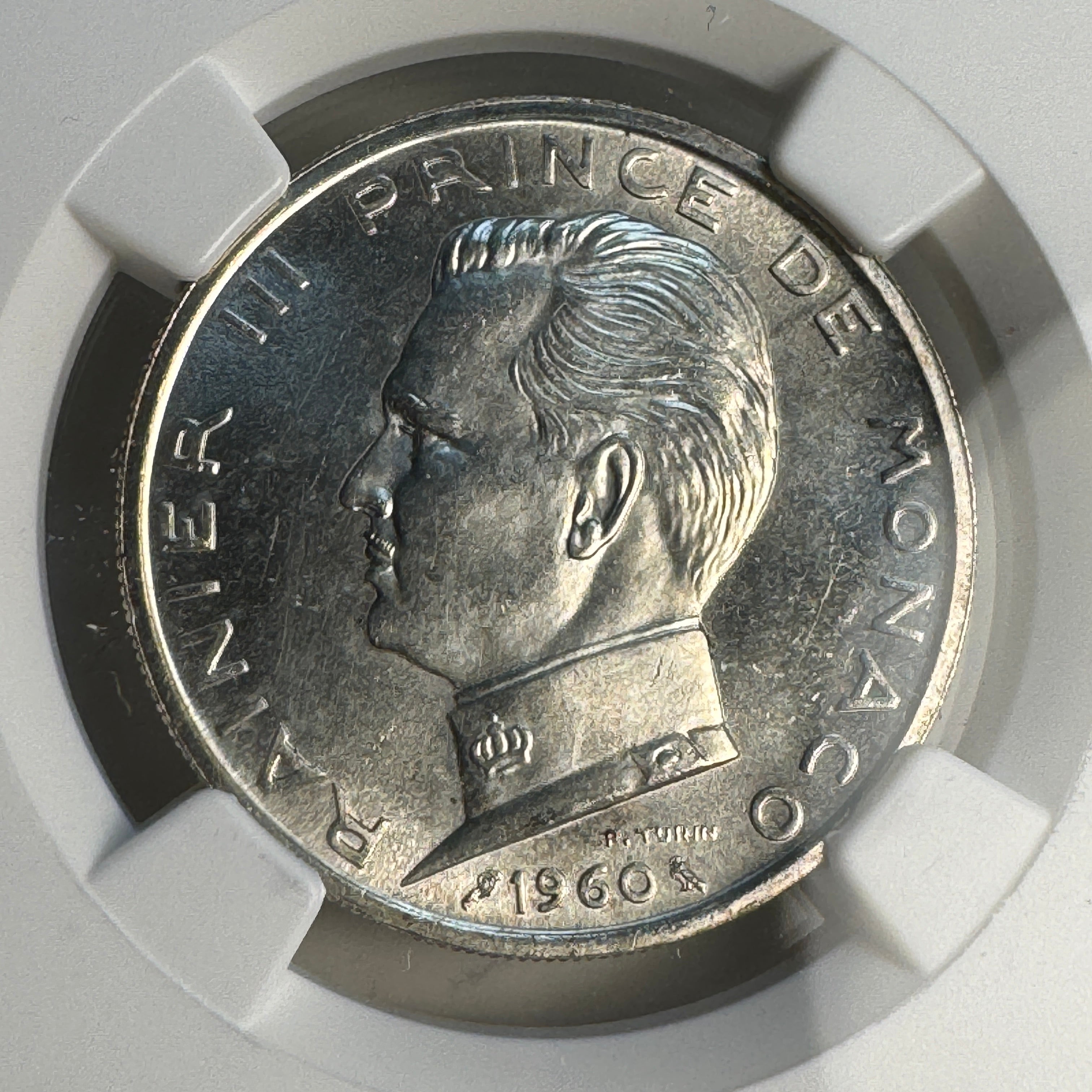 1960 (a) Monaco AR 5 Francs, Ranier III, NGC MS-64