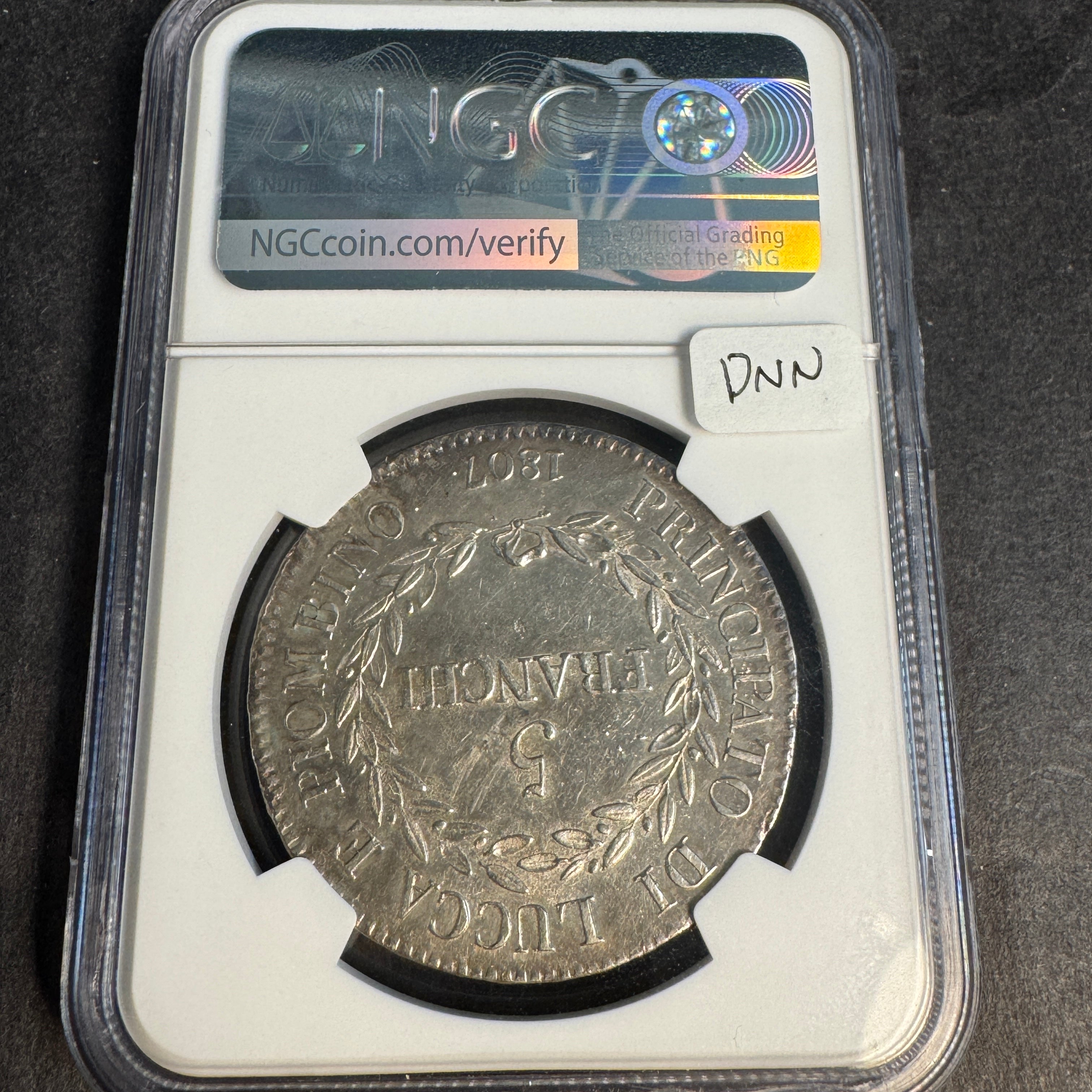 1807 Luca & Piombino, AR 5 Franchi, Elisa Bonaparte, Napoleonic Italy, NGC AU Details