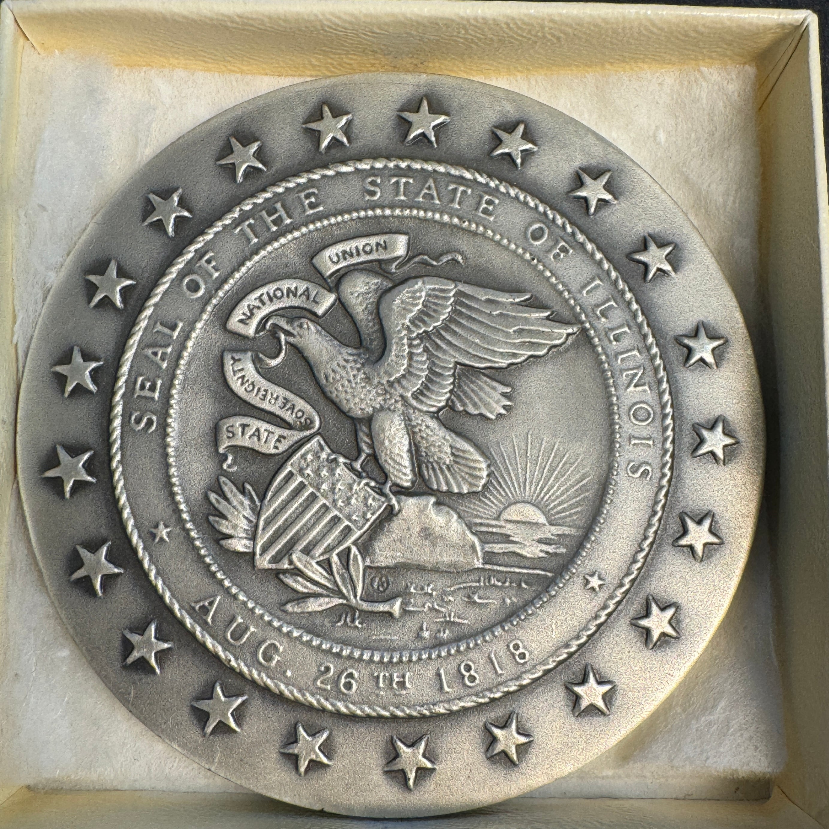 1818-1968 Illinois Sesquicentennial 64mm Silver Medal, 124g .999, Medallic Arts Co. NY, Original Box