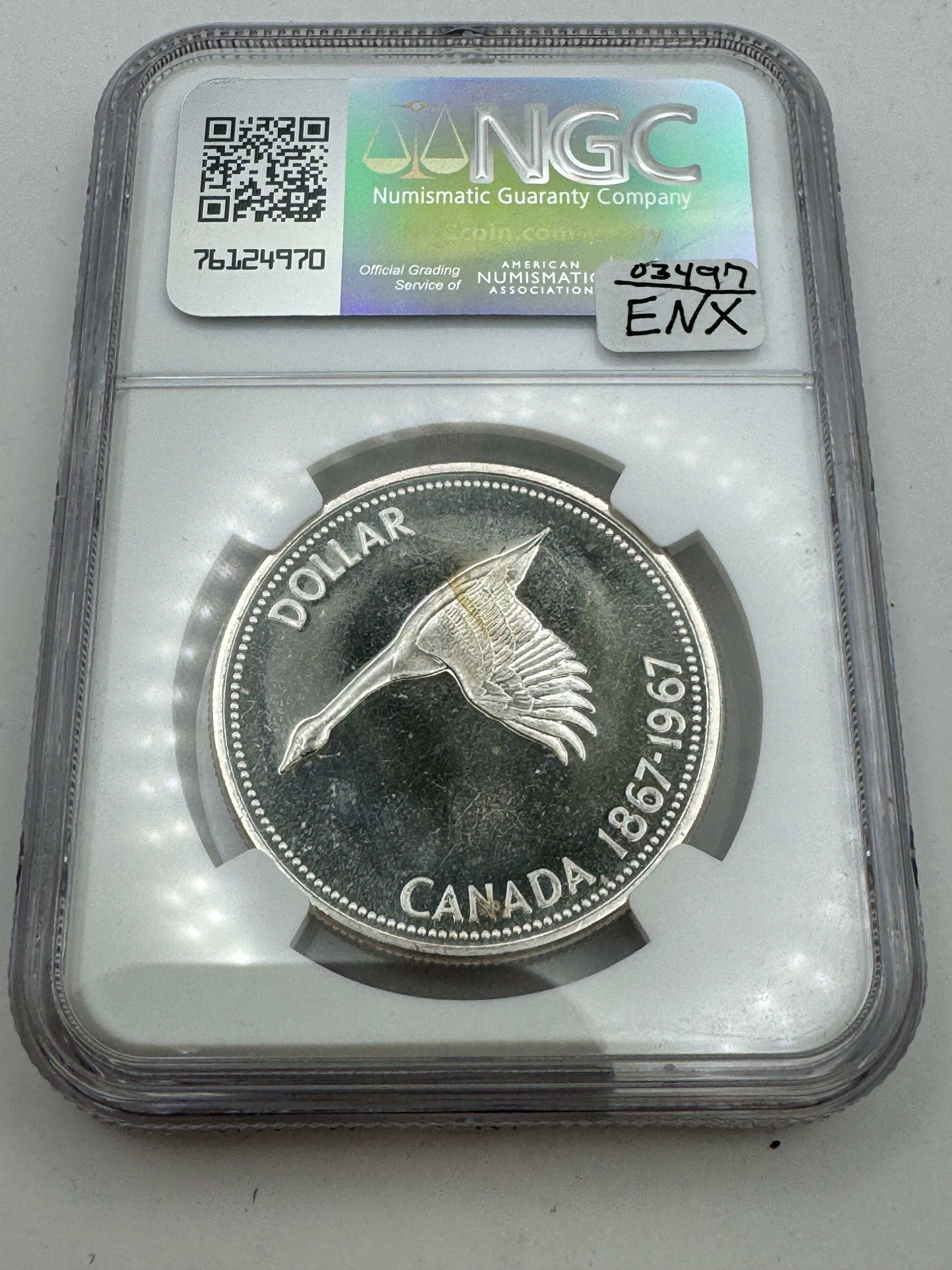 1967 Canada Silver Dollar, DIVING GOOSE 🪿rotation variety, NGC PL-65