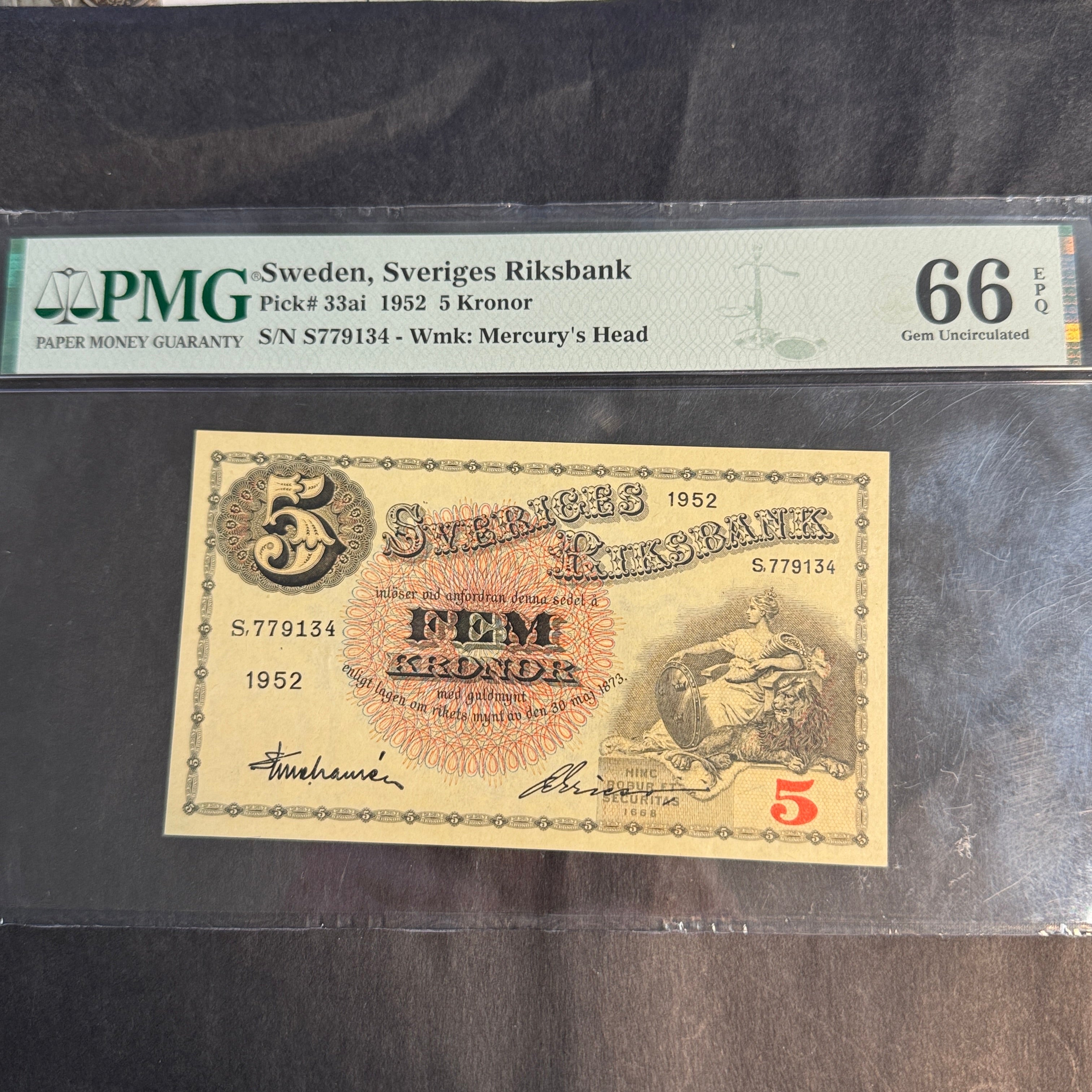 1952 Sweden 5 Kronor P#33ai, PMG Gem Unc 66 EPQ