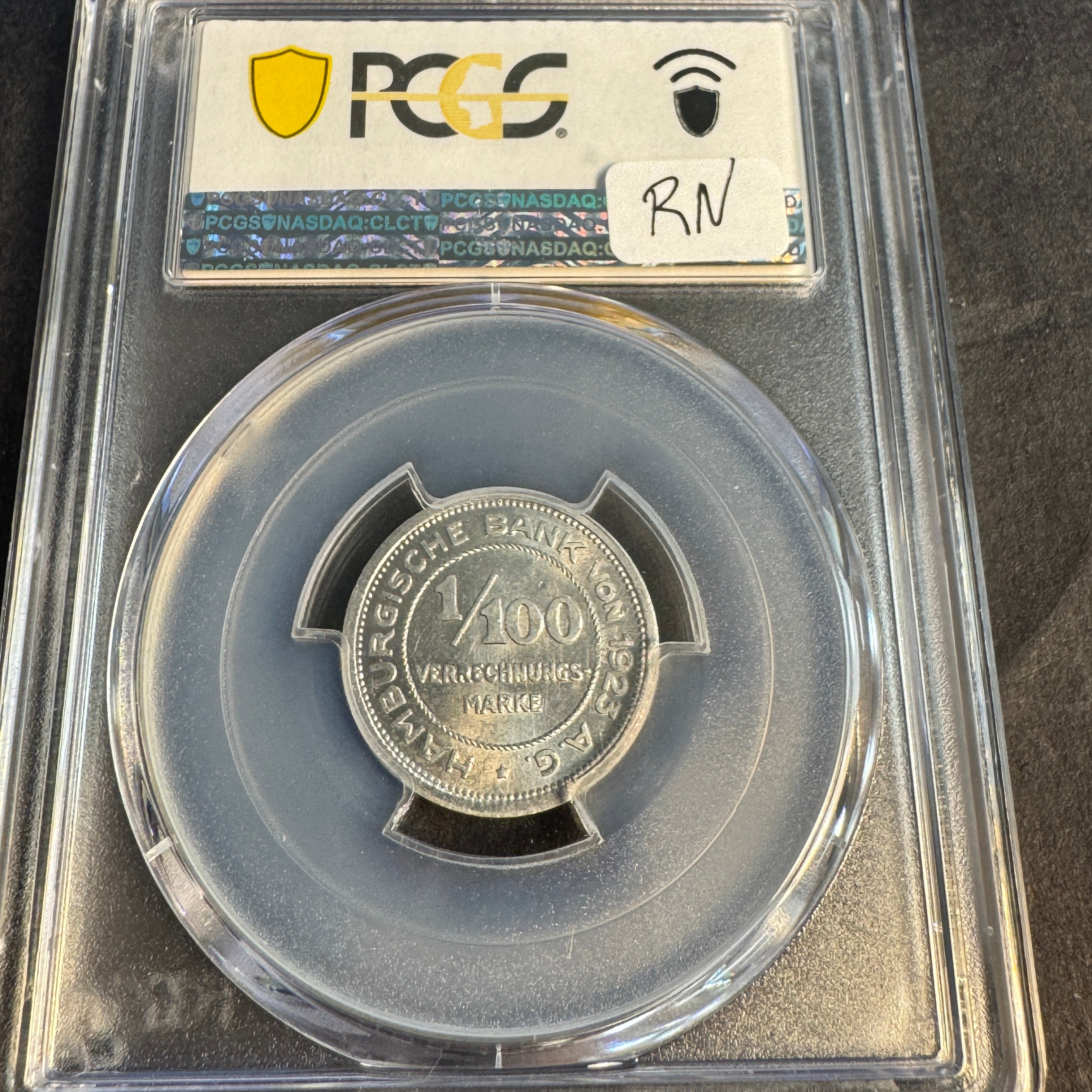 1923 Hamburg 1/100 V-Mark Notgeld, J-N35, PCGS MS-65+, Pop 1/4