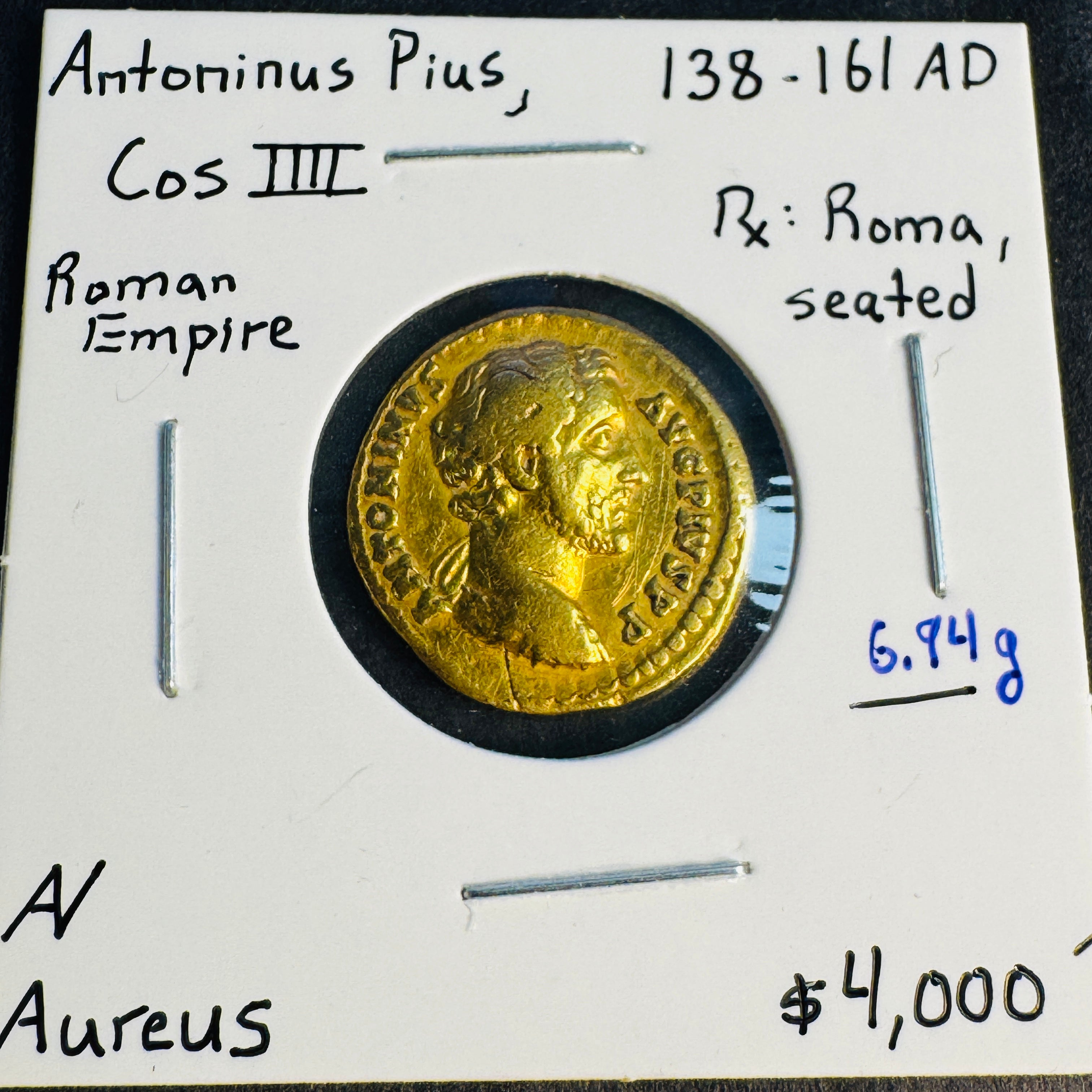 (138-161 AD) Antoninus Pius Cos IIII Roman Empire AV Aureus, Rx: Roma Std. L, 6.94g, VF