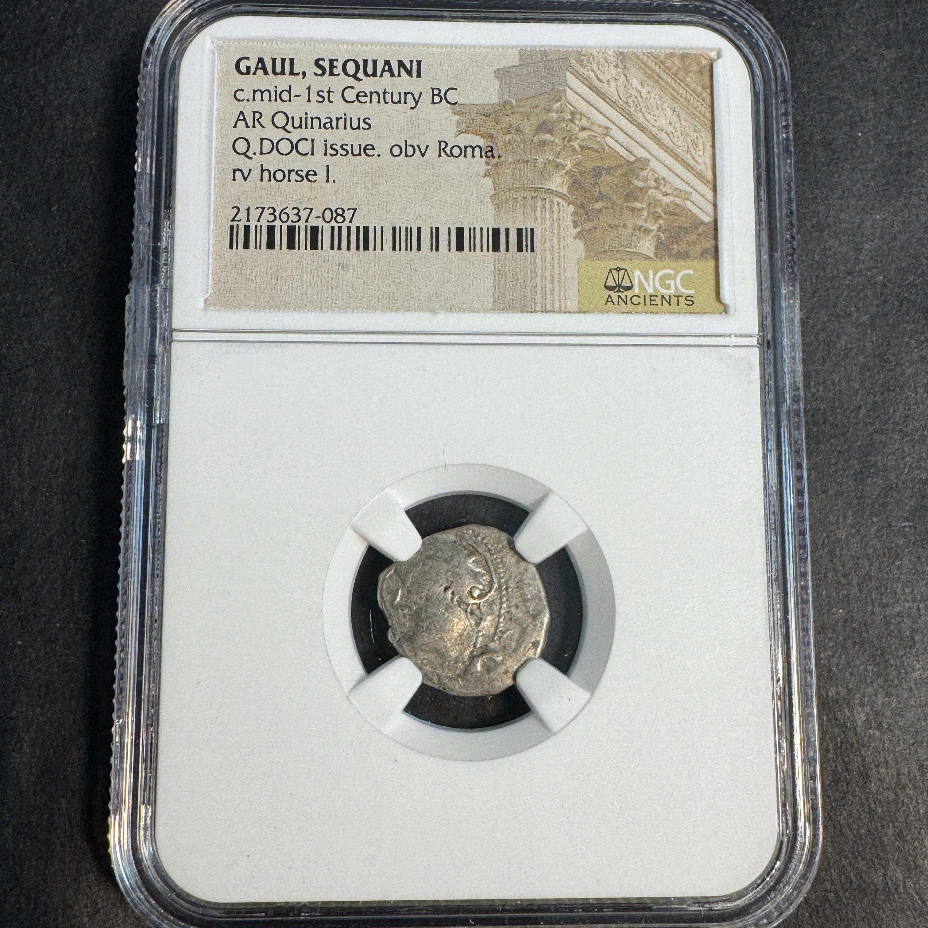 GAUL, Sequani Tribe c.50 BC AR Quinarius, Q.DOCI issue, Roma / Horse, NGC Ancients
