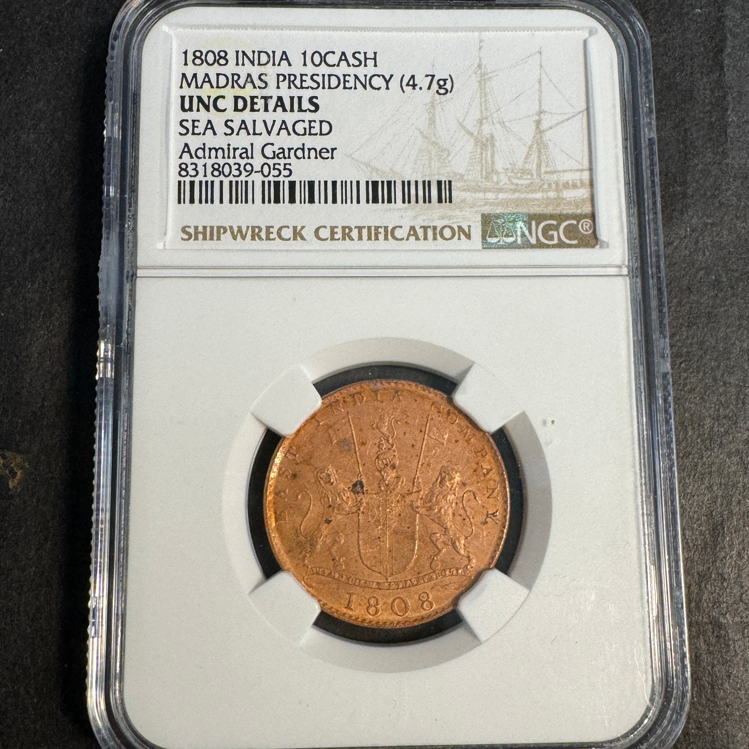 1808 British India 10 Cash, Madras Presidency, Admiral Gardner Sea Salvage, NGC Unc Details