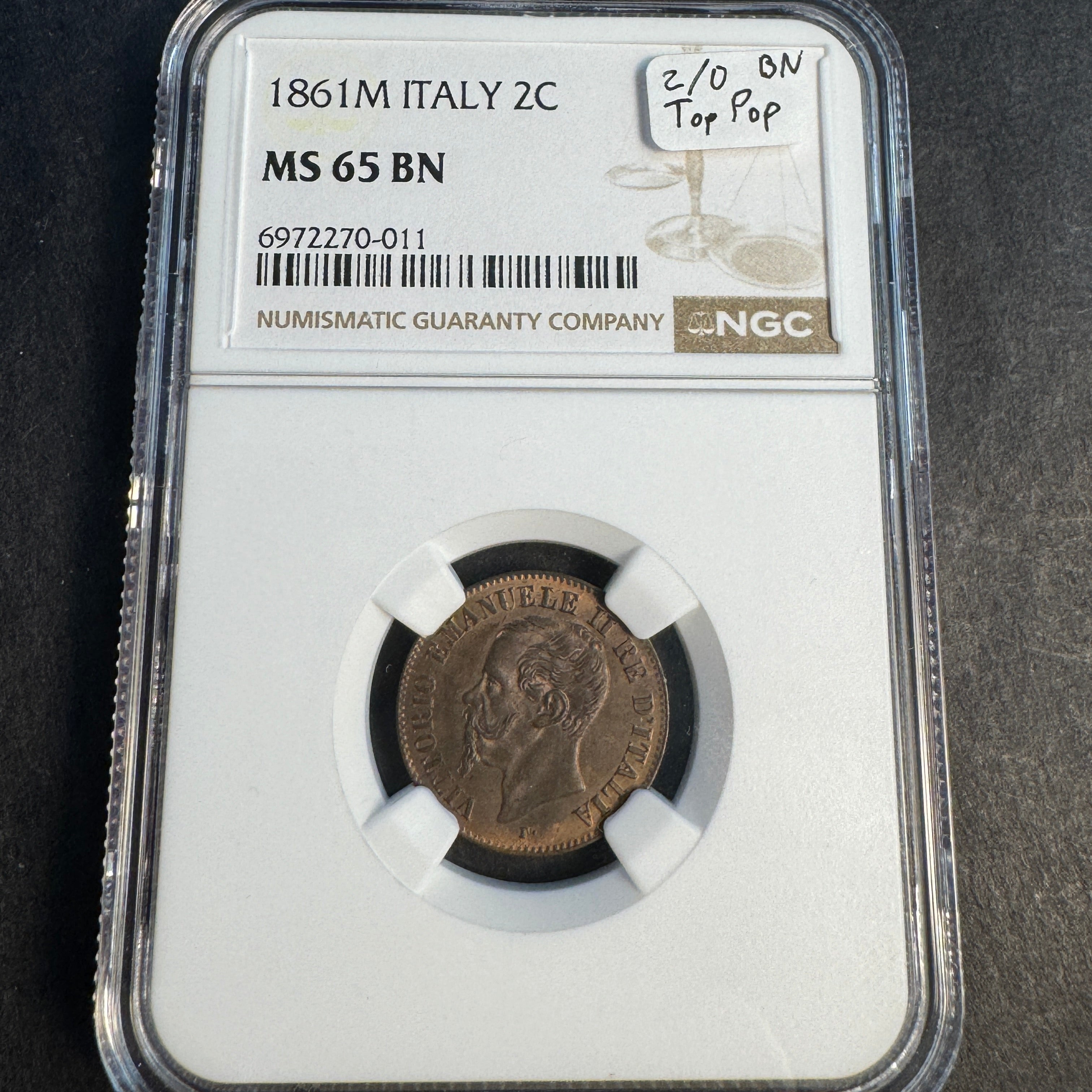 1861-M Italy 2 Centesismi, NGC MS-65 BN ** Top Pop 2/0 🏆🇮🇹