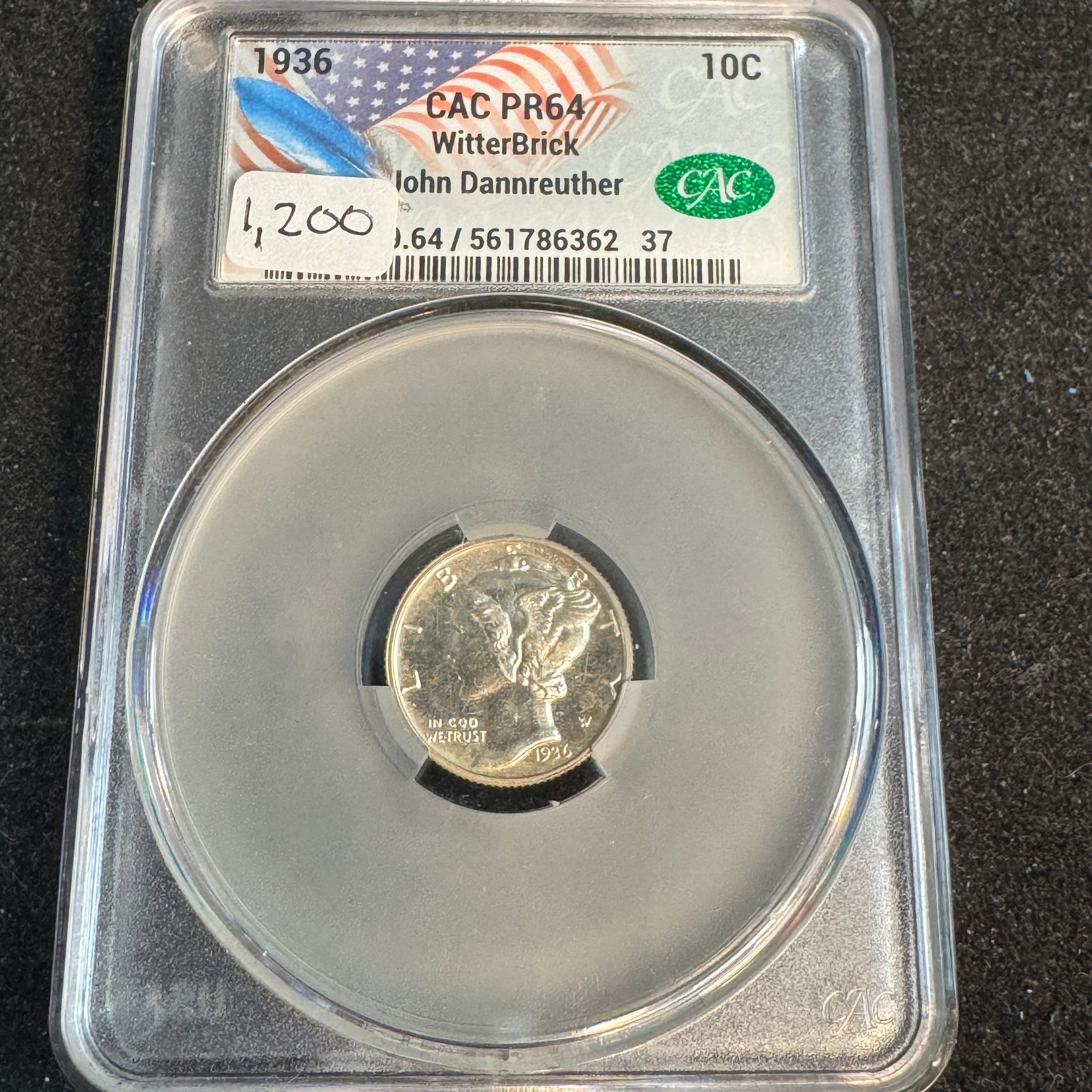 1936 Mercury Dime 10c Proof, “Witter Brick” CAC PR-64