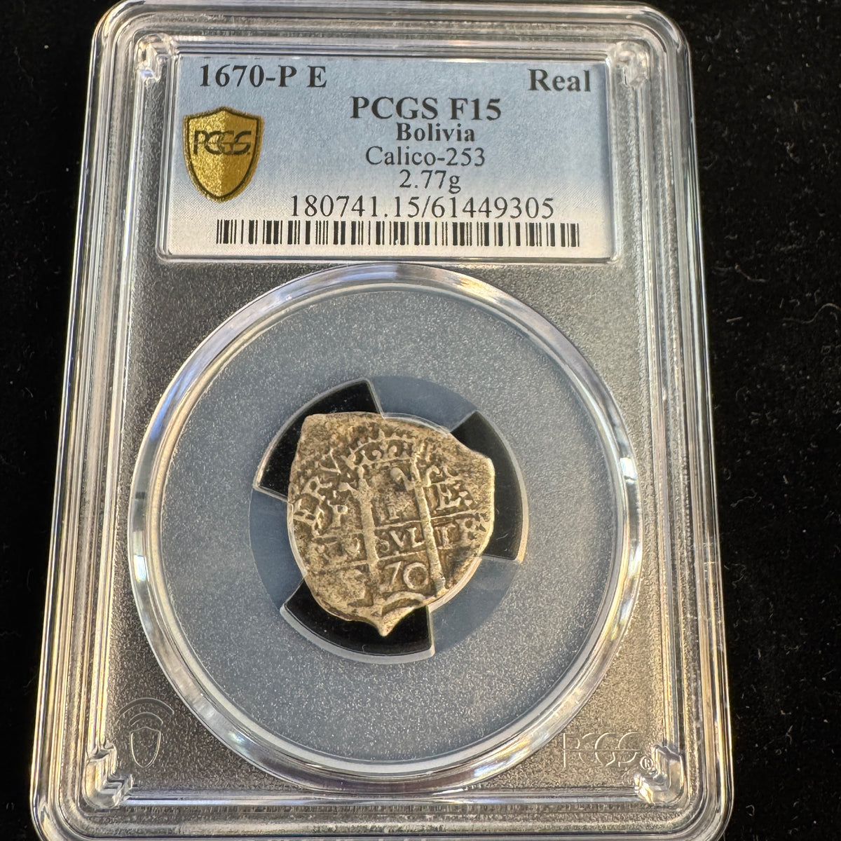 1670 P-E Bolivia AR 1 Real Spanish Cob, Cal-253, PCGS F-15