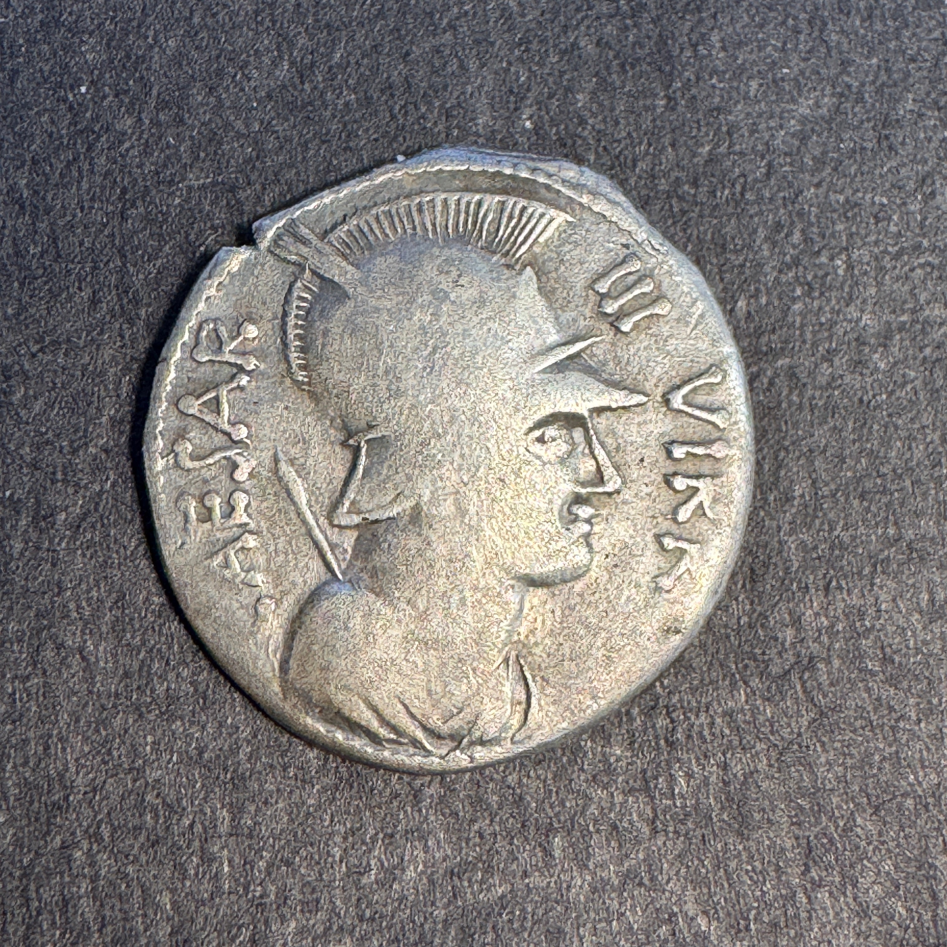 OCTAVIAN, The Triumvirs, Roman Empire Silver Denarius, Mobile Military Mint in Greece, Obv: Mars helmeted, Rv: Aquila & Signa, VF