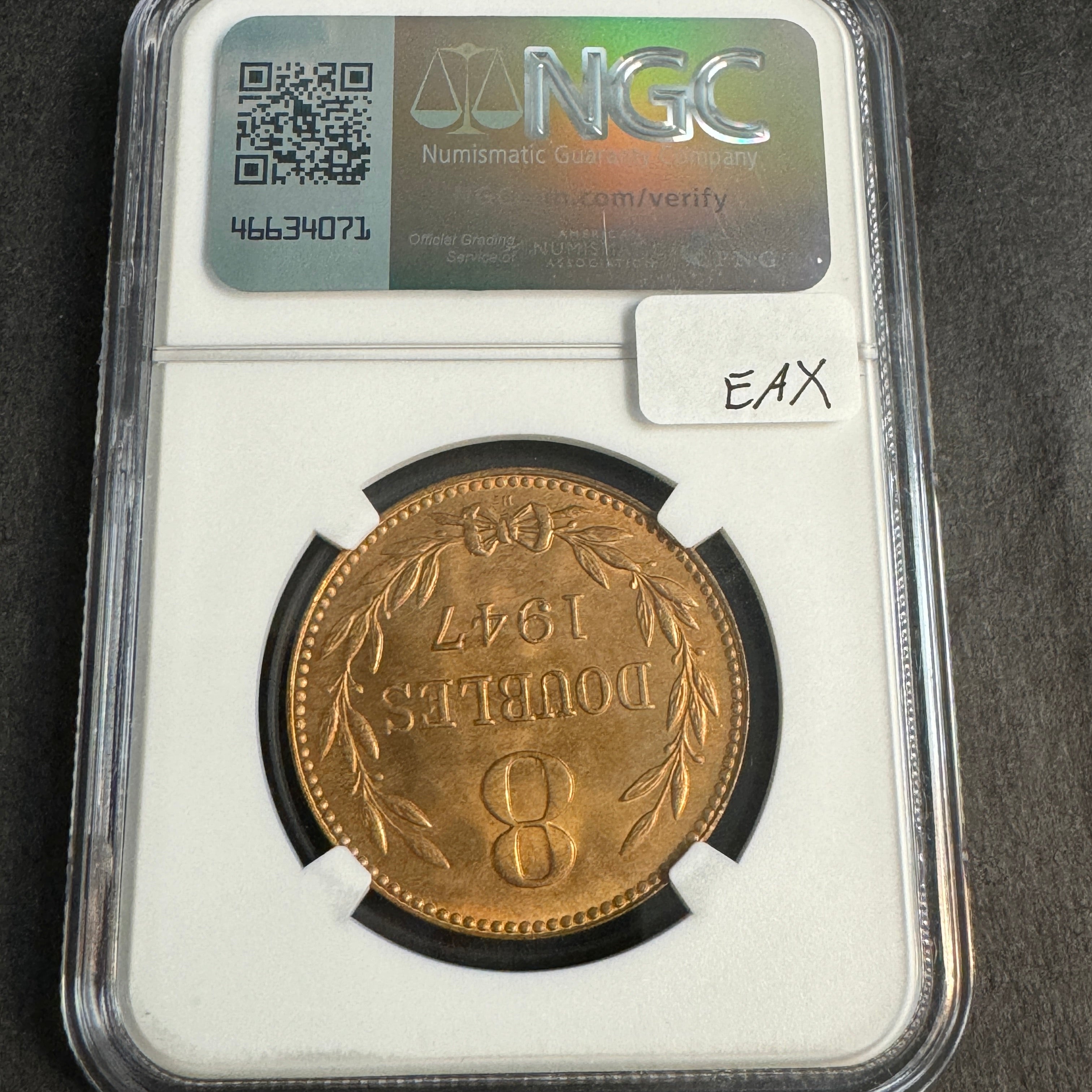 1947-H Guernsey 8 Doubles, KM-14, NGC MS-66 RD Red 🔥TOP POP 2/0🔥🇬🇬