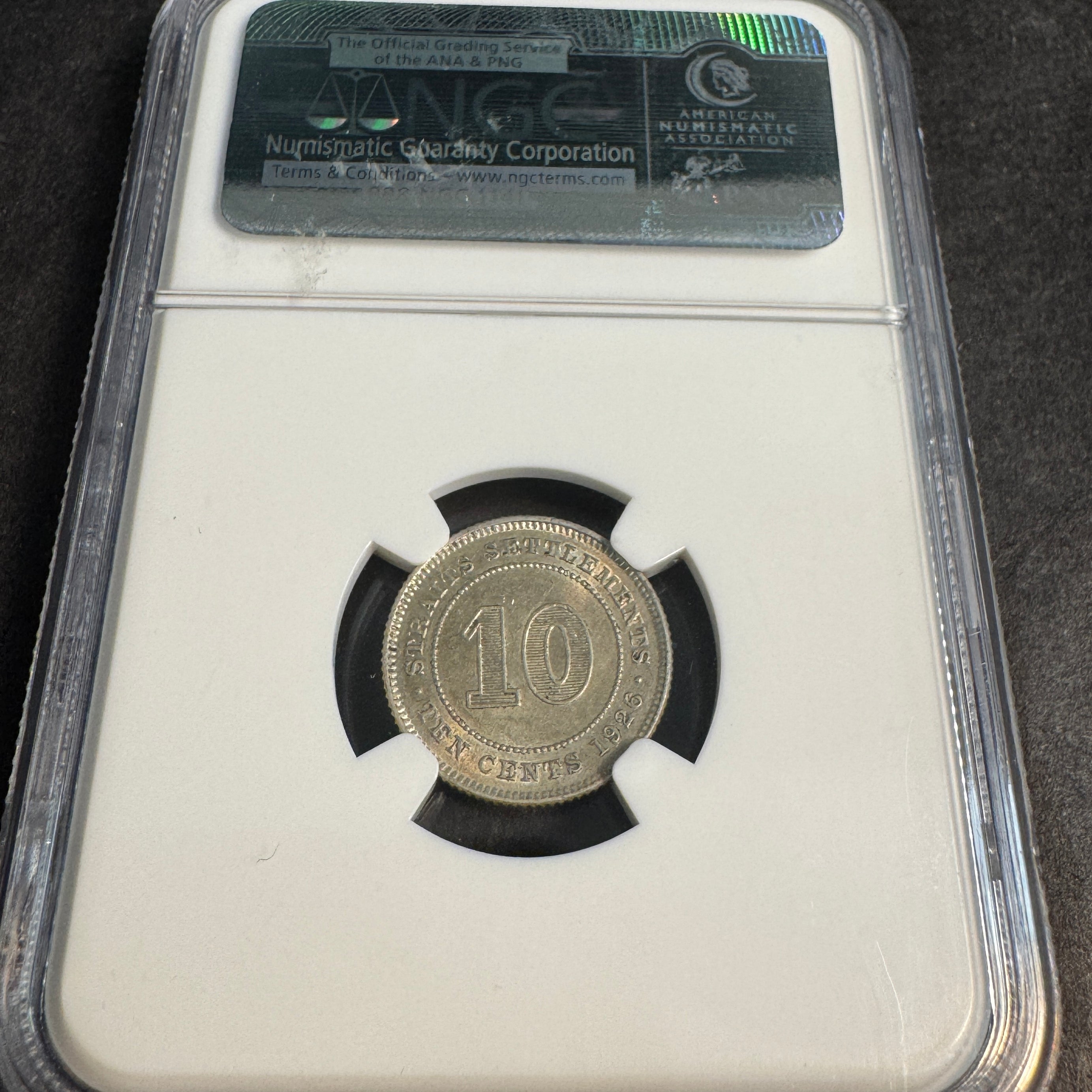 1926 Straits Settlements 10 Cents Silver, George V, NGC AU-55