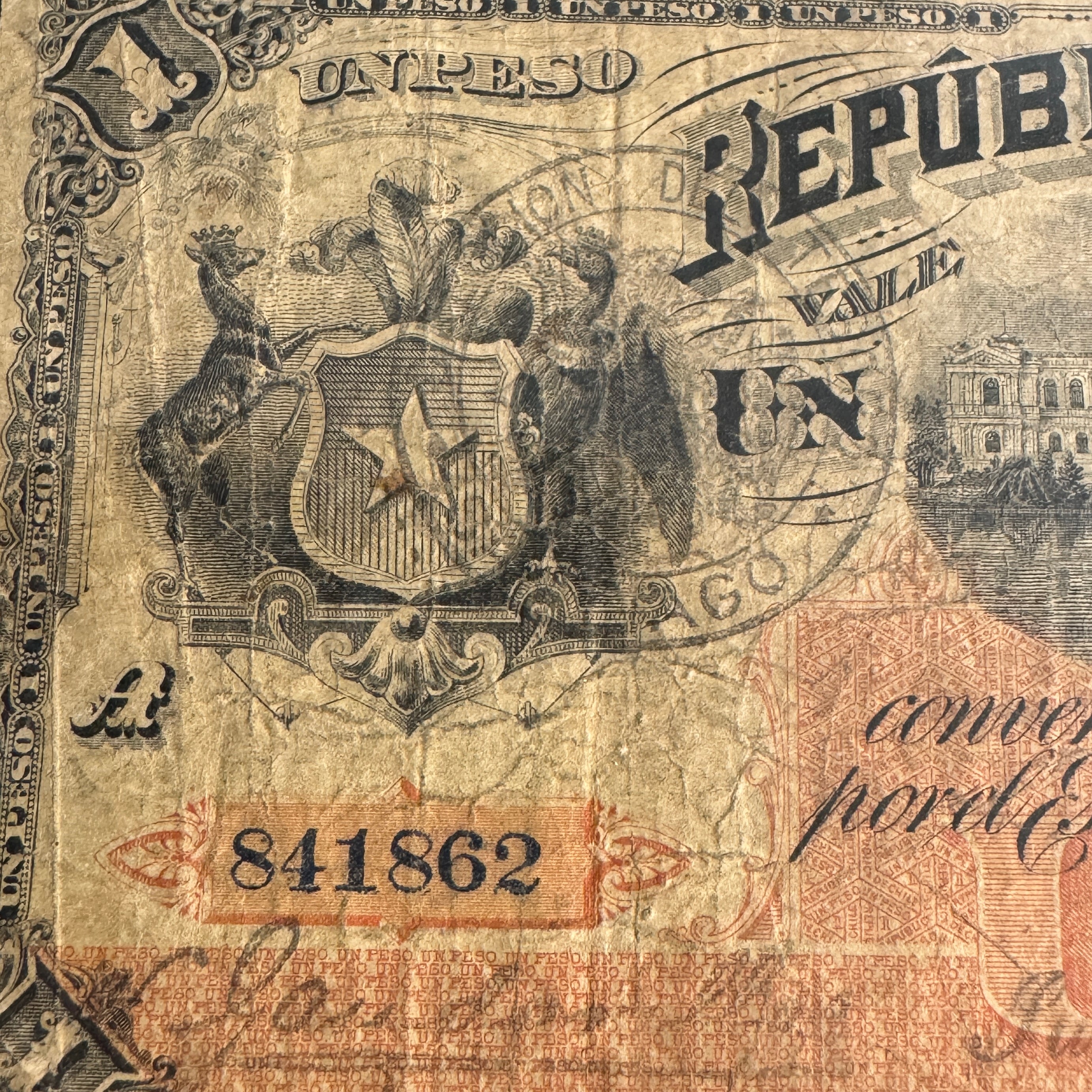 1889 Chile 1 Peso, Handstamps Type 1 & 2, ABNC, P#11b, PCGS F-12