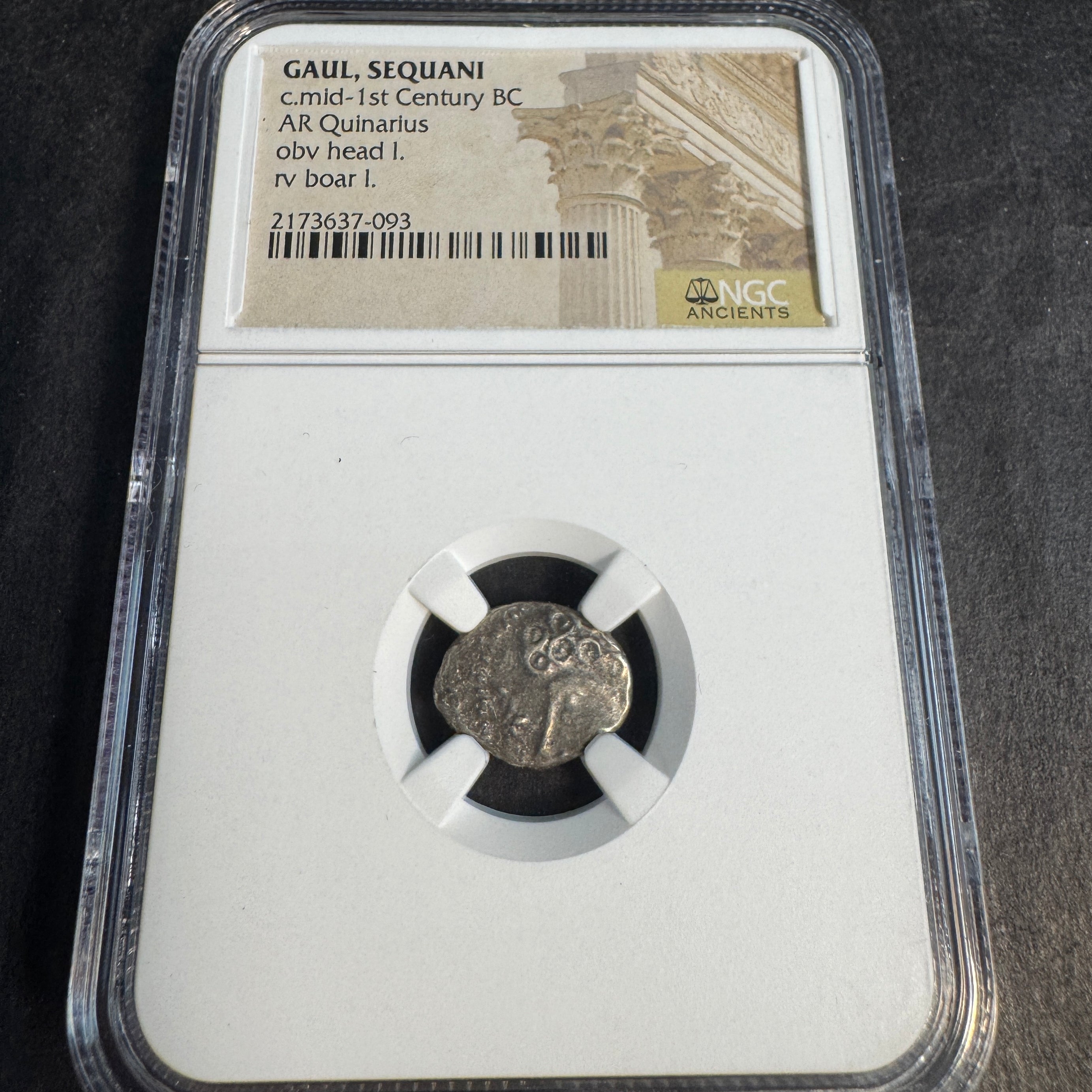 GAUL, Sequani Tribe 1st Cen. BC AR Quinarius, Head / Boar, NGC Ancients