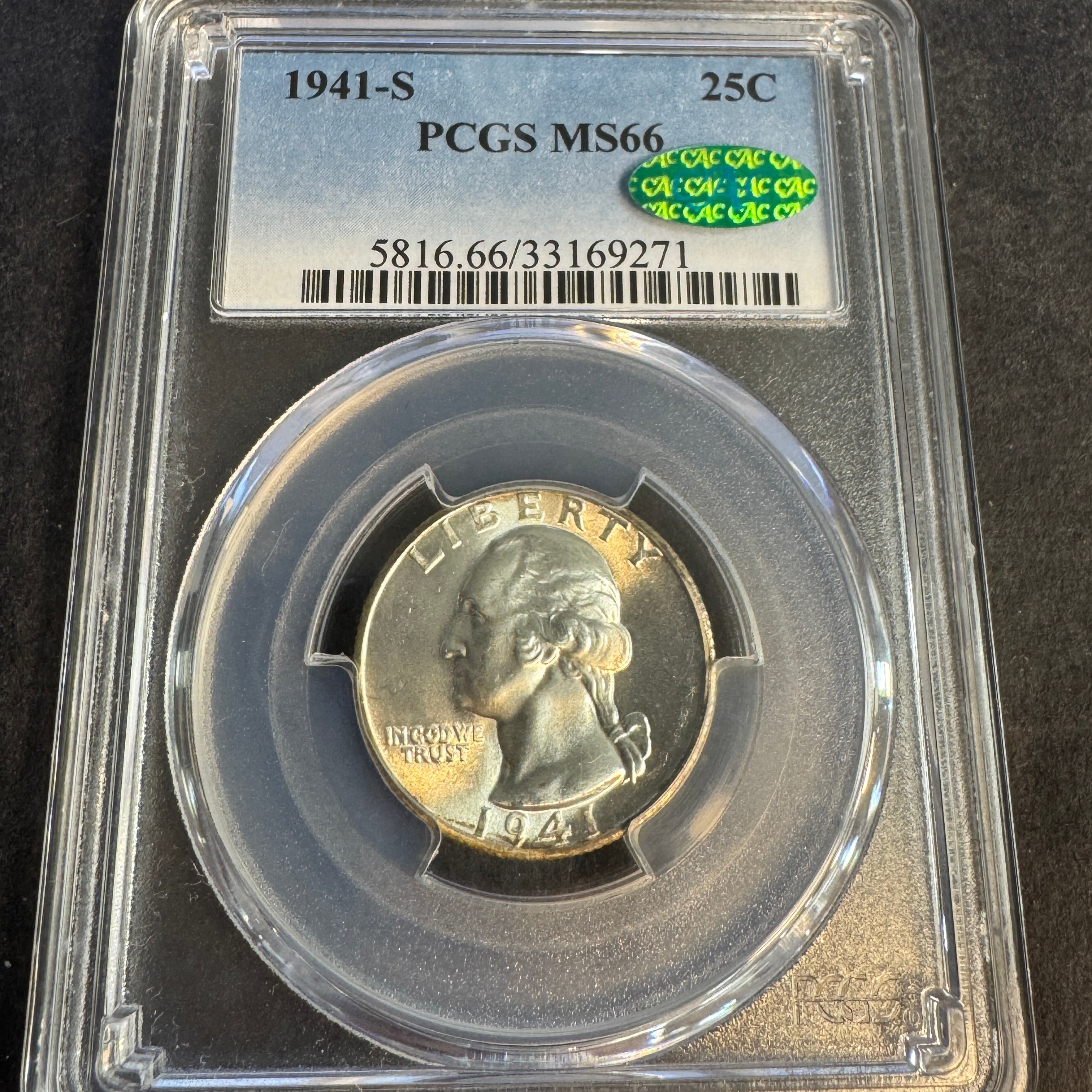1941-S Washington Quarter 25c, PCGS MS-66 Green CAC