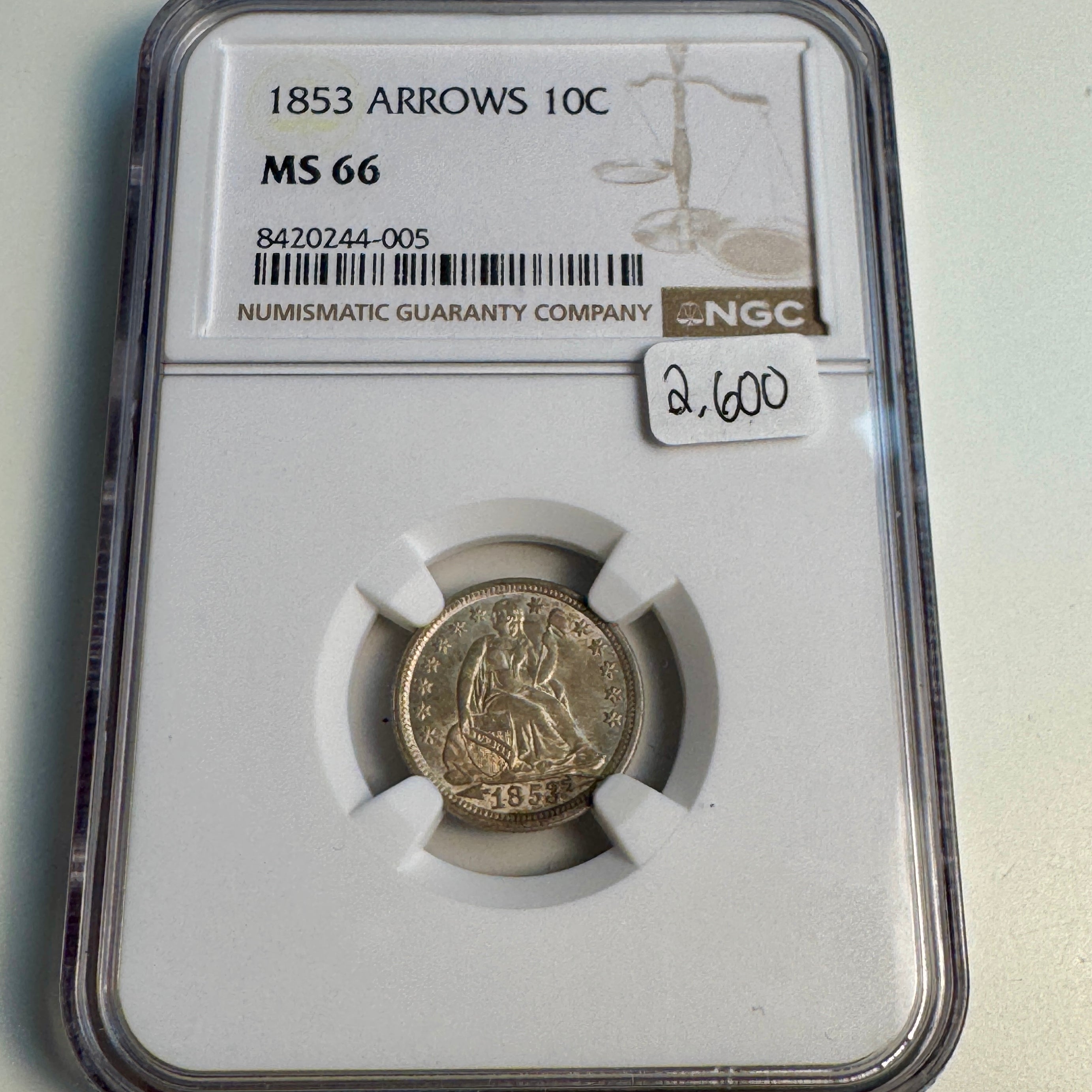 1853 Seated Liberty Dime 10c, with Arrows, NGC MS-66