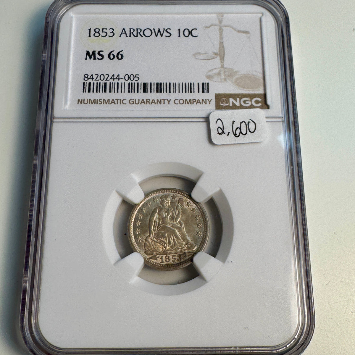 1853 Seated Liberty Dime 10c, with Arrows, NGC MS-66