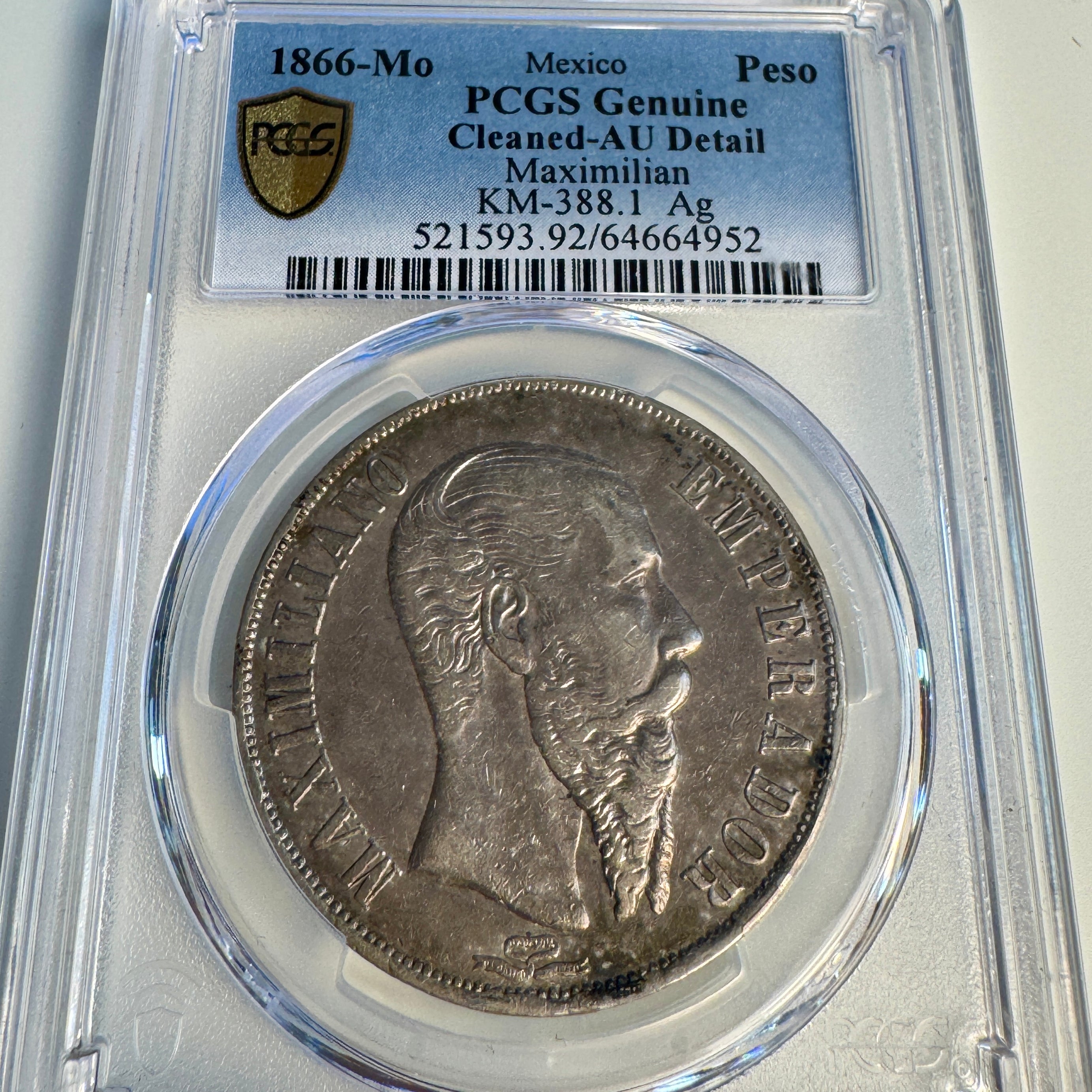 1866-Mo Empire of Maximilian Mexico AR 1 Peso, PCGS AU Details
