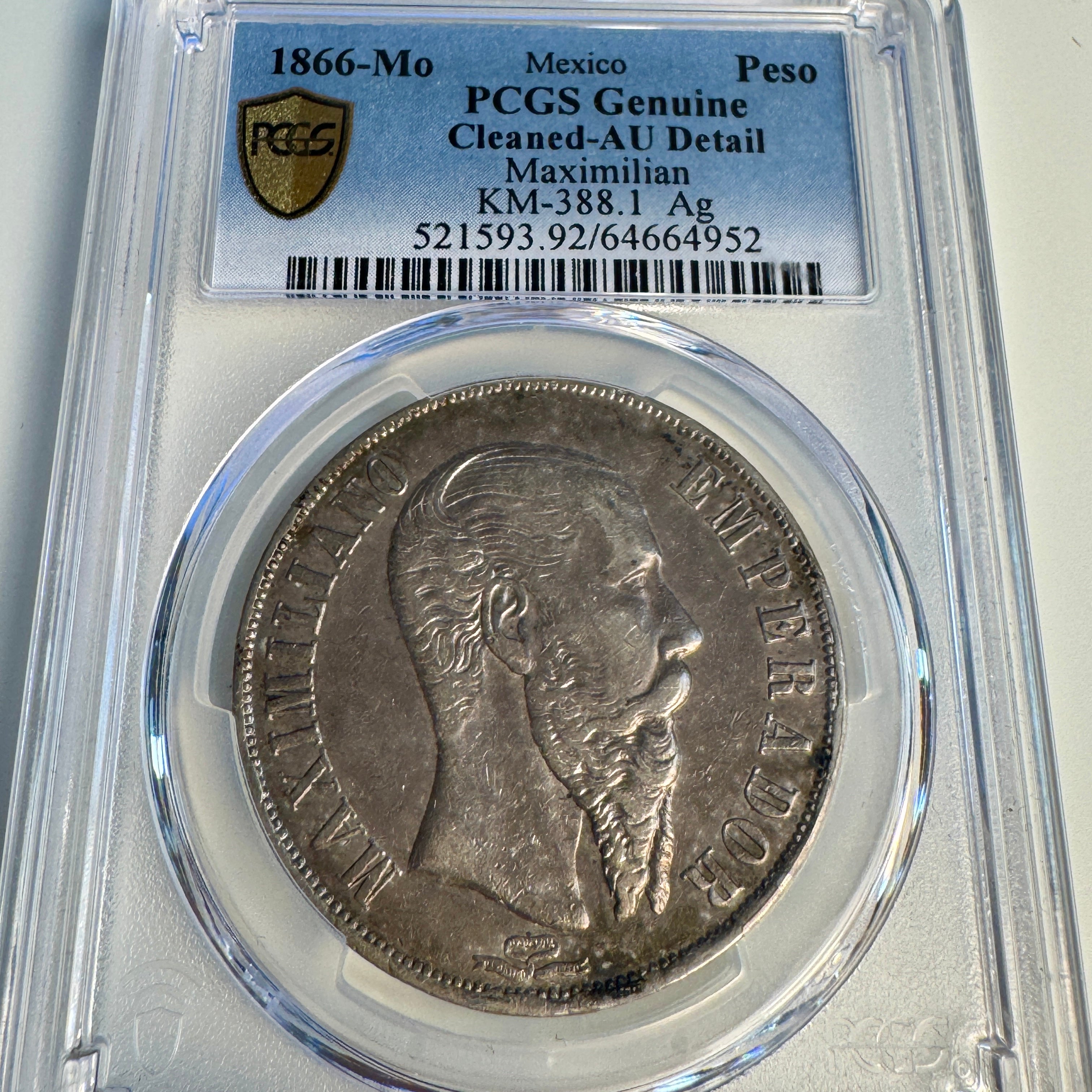 1866-Mo Empire of Maximilian Mexico AR 1 Peso, PCGS AU Details