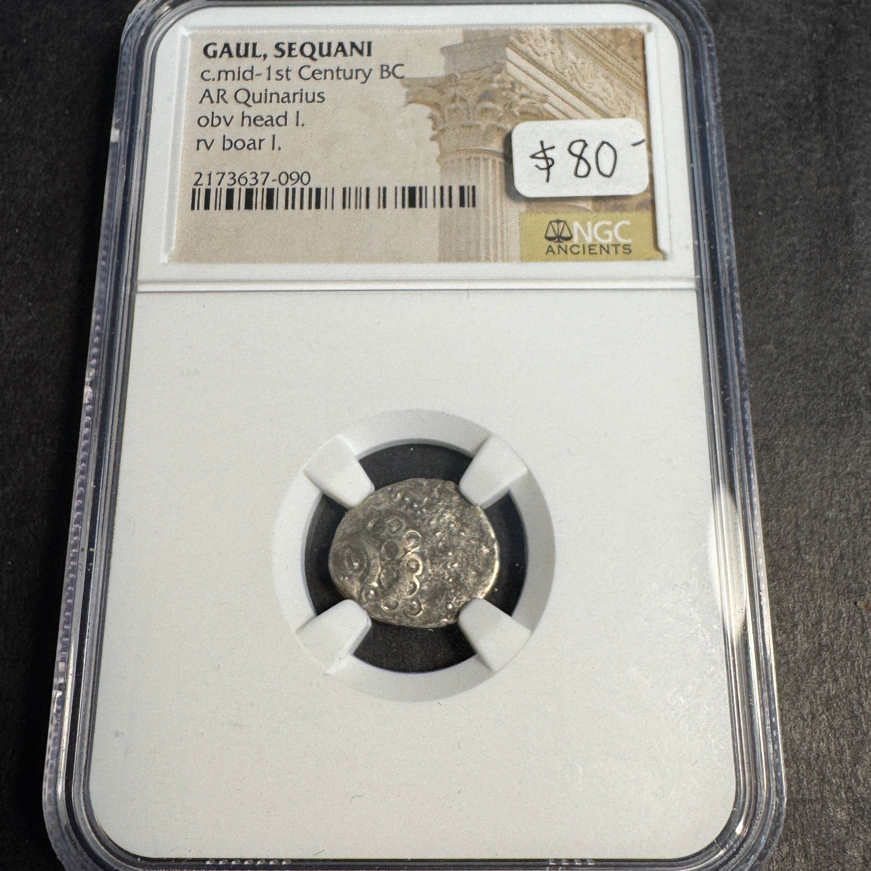 GAUL, Sequani Tribe 1st Cen. BC AR Quinarius, Head / Boar, NGC Ancients