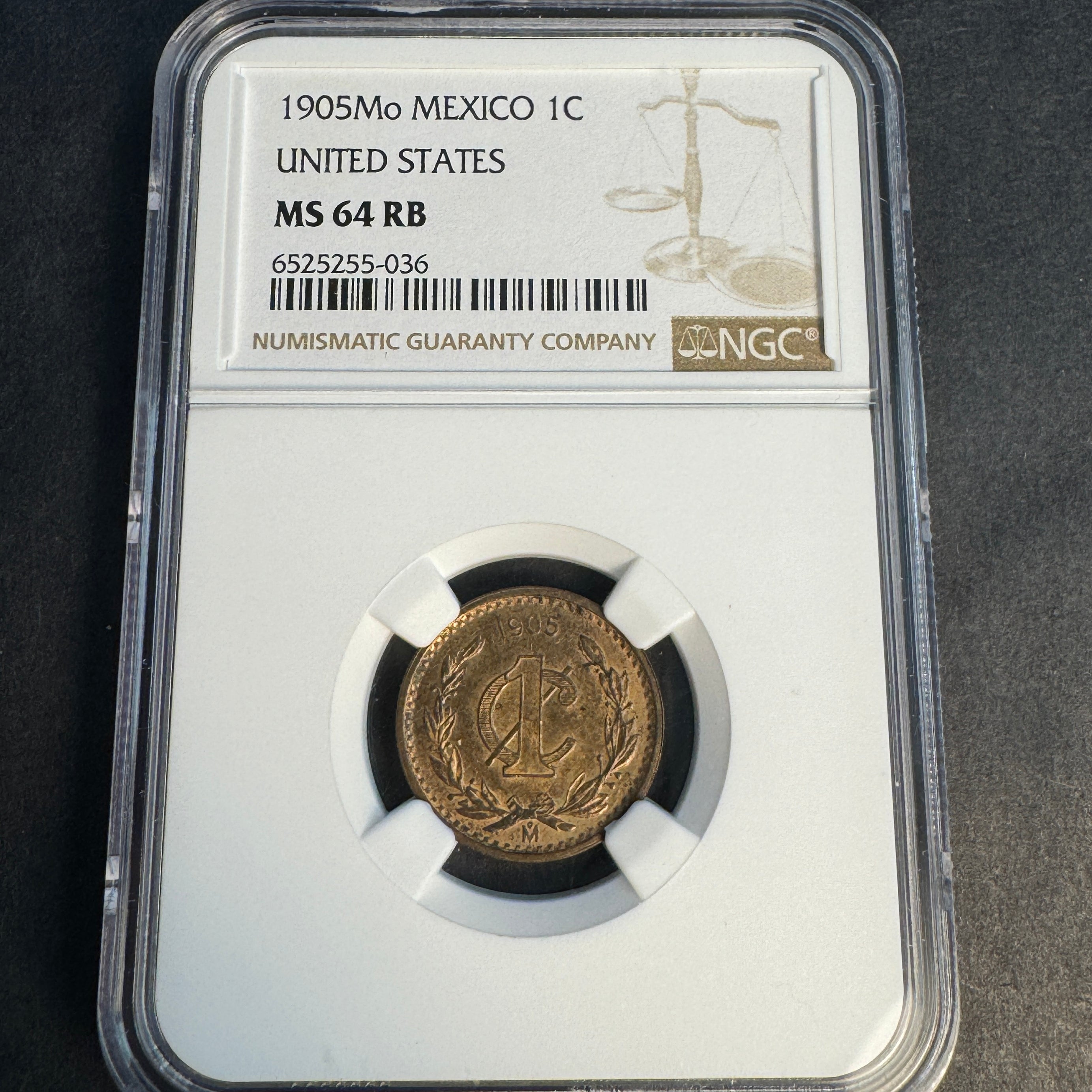 1905-Mo Mexico 1 Centavo, 3rd Republic, NGC MS-64 RB Red-Brown 🇲🇽